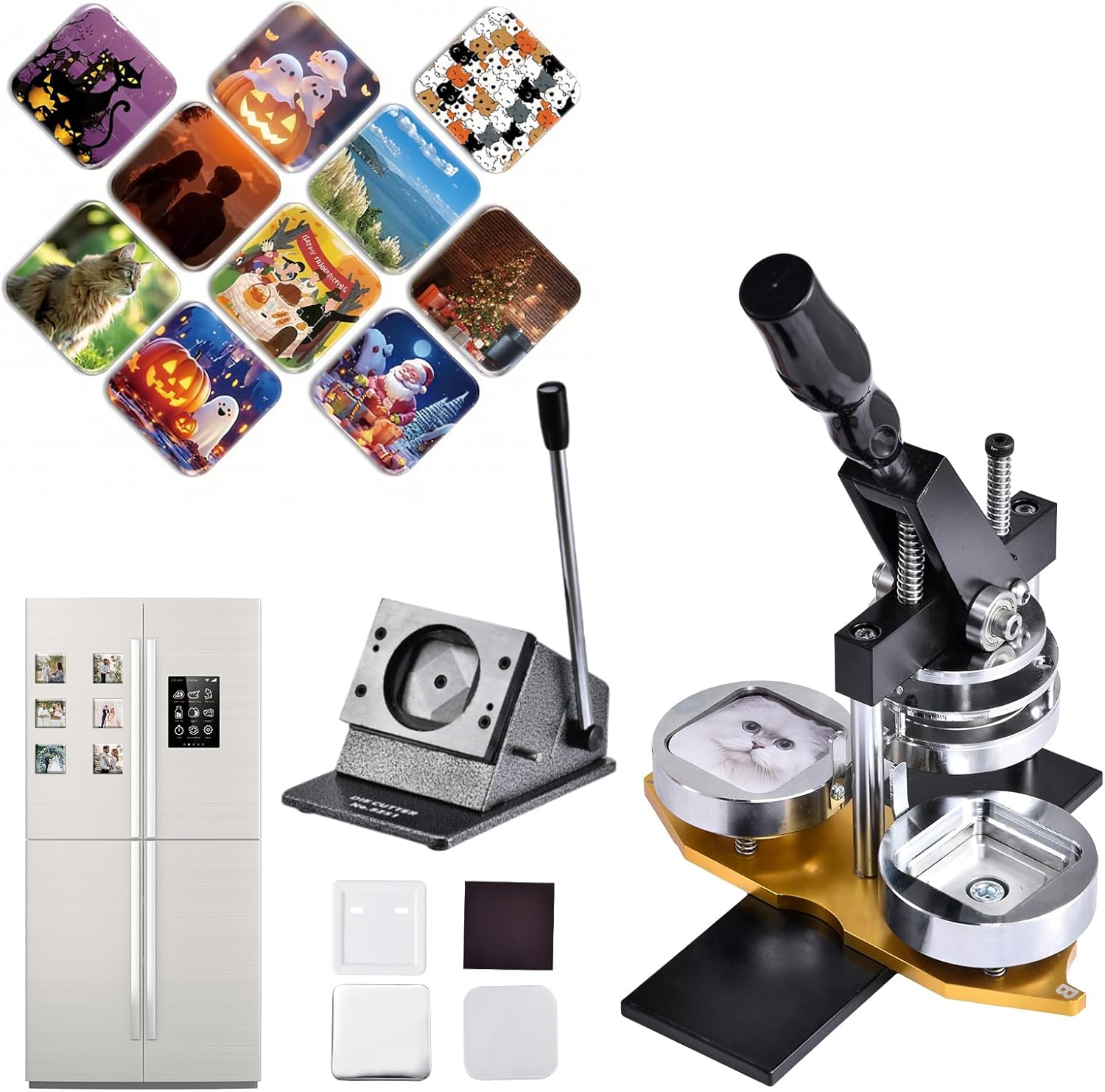 DIY Square Fridge Magnet Badge Button,2x2inch Square Magnet Maker Machine, Button Badge Making Tool with Paper Cutter, 100 Sets Consumables, Craft Kits for Home Business