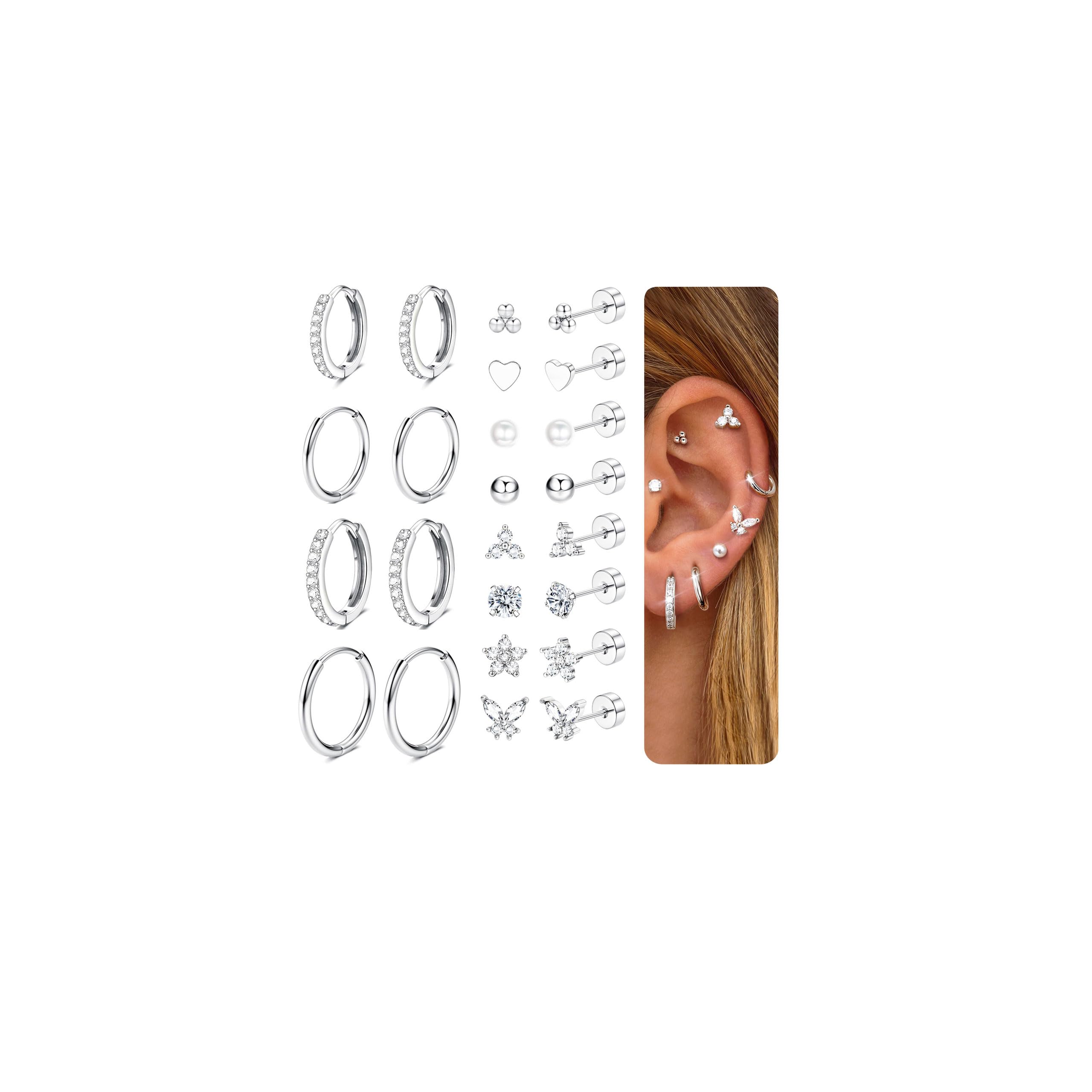 CASSIECA 12 Paar Ohrringe Silber Set, 316L Chirurgenstahl Ohrringe für Damen Herren Medizinische Ohrstecker und Creolen für Mehrfachpiercing 14K Vergoldet Helix Tragus Piercing Ohr Silber