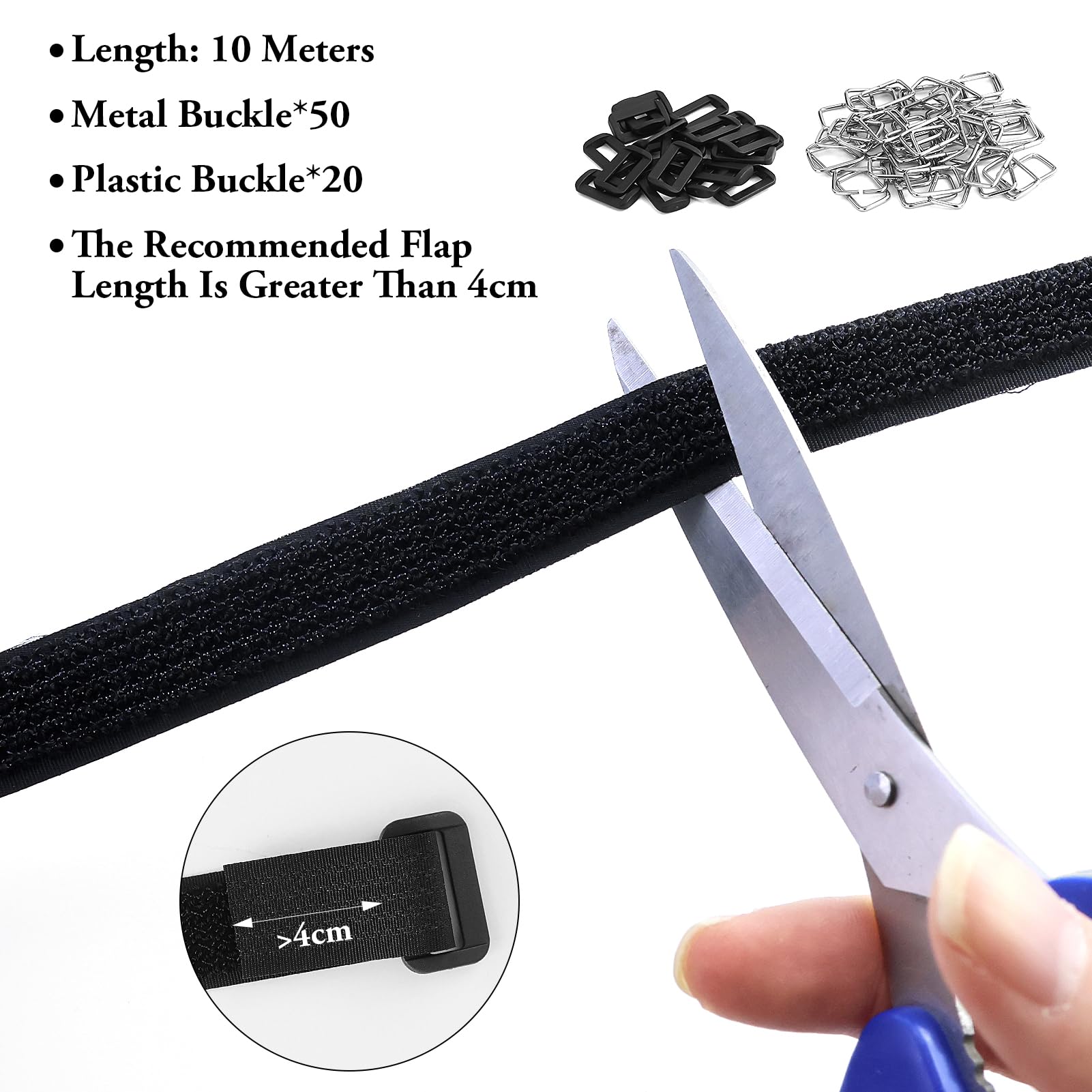 Nastro in Treccia autoadesiva nera da 2 cm*10 m con 70 fibbie in metallo, lunghezza di taglio libera, fascette in richiudibili per organizzare cavi, fili, tubi flessibili (nero)
