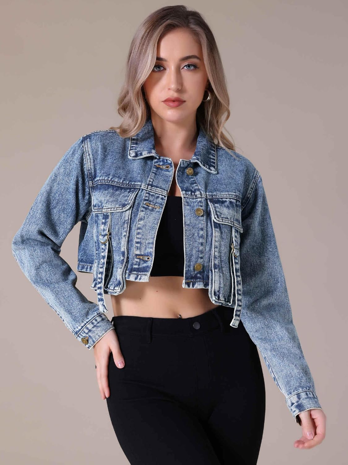 Women Cropped Jean Jacket Long Sleeve Classic Casual Denim Jackets
