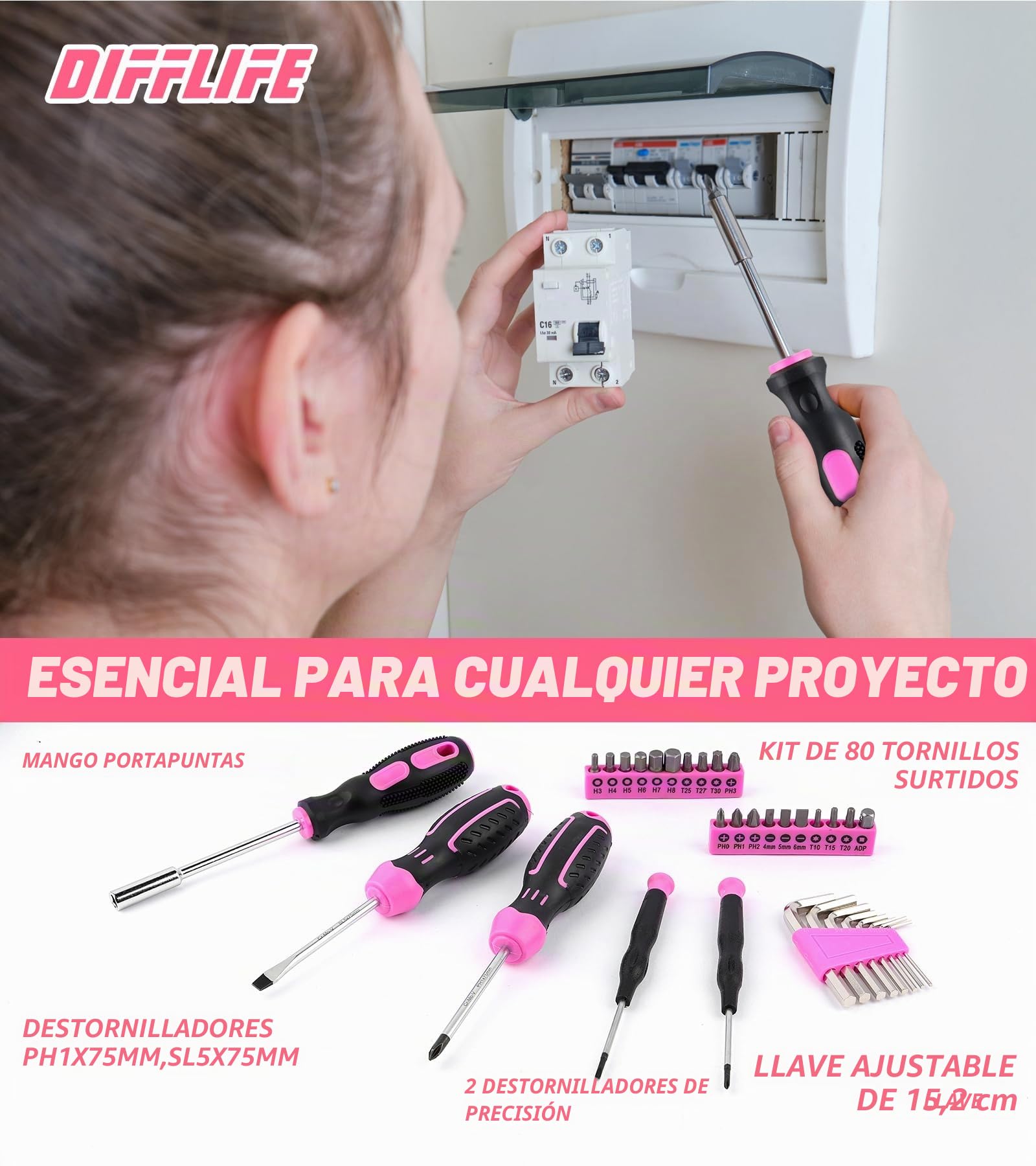 Juego de herramientas rosas, 131 piezas, juego de herramientas rosas para mujer, kit de herramientas manuales para el hogar con caja de herramientas de plástico (rosa)