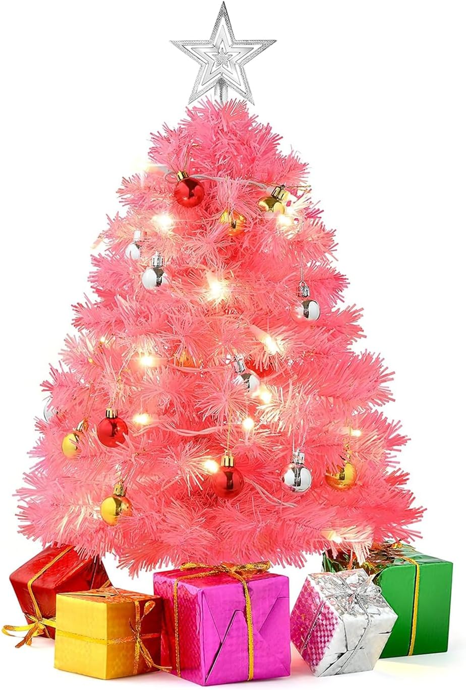 Christmas star-shaped string lights, mini pink Christmas tree with lights, ornament, and gifts, and Pre-Lit Artificial Christmas Garland, Decorated with Pine Cones