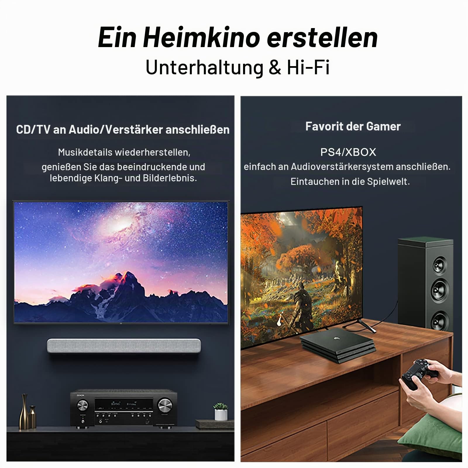 SKW Optisches Digital-Audiokabel, Optisches Toslink Kabel, Heimkino-Glasfaser-Toslink-Stecker auf Stecker, vergoldetes Optisches Kabel (S/PDIF)(5M, Schwarz)