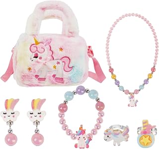 OSDUE Torba z jednorożcem, biżuteria, prezent, jednorożec, torebka crossbody, torebka z zestawem biżuterii, jednorożec, księżniczka, naszyjnik, bransoletka, pierścionki, kolczyki, biżuteria