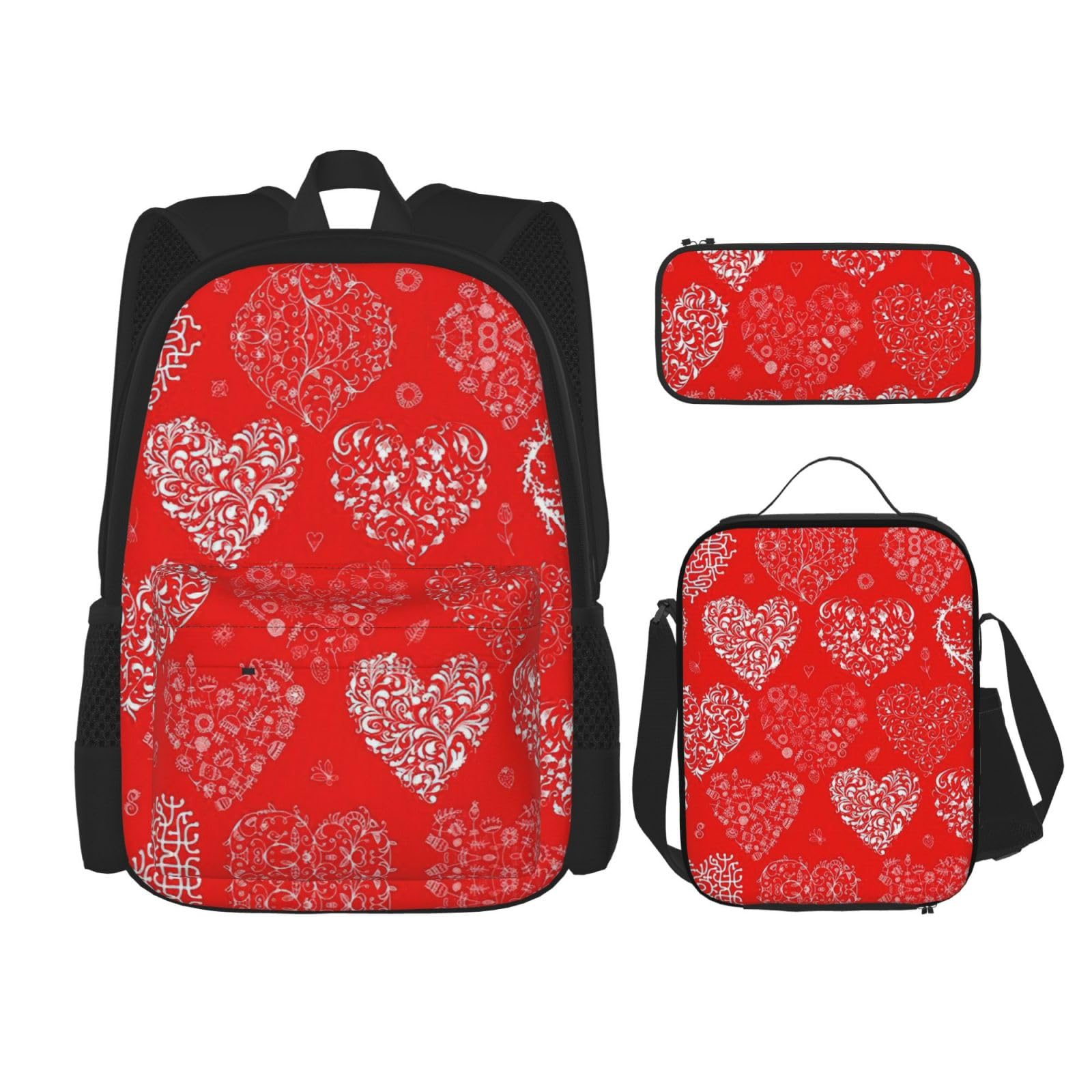 Juego de 3 mochilas escolares con estampado de amor, mochila para laptop resistente al agua de gran capacidad con bolsa de almuerzo aislada y estuche para lápices para adolescentes de