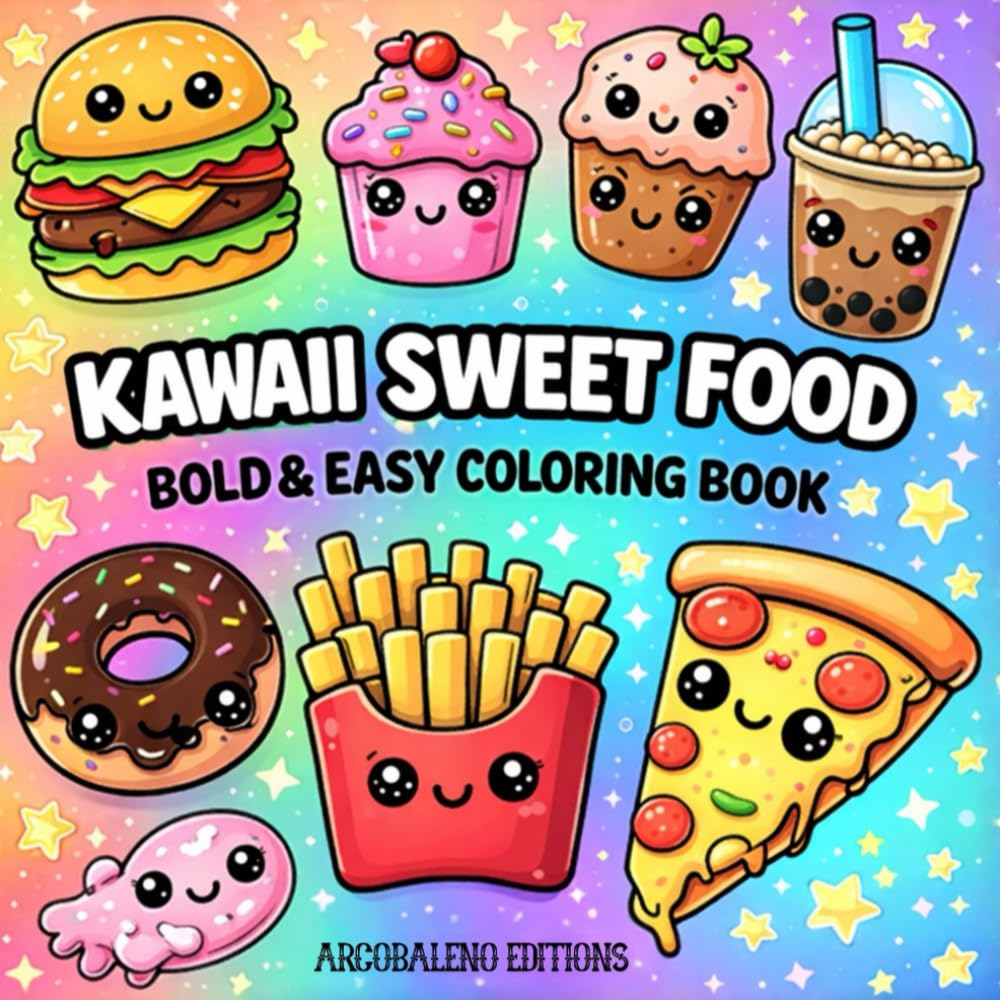 KAWAII SWEET FOOD: Kawaii sweet Food Coloring Book. 50 Disegni grandi e semplici per adulti, ragazzi e bambini. Illustrazioni kawaii, dolci e bevande deliziose per rilassarsi e divertirsi a colorare.