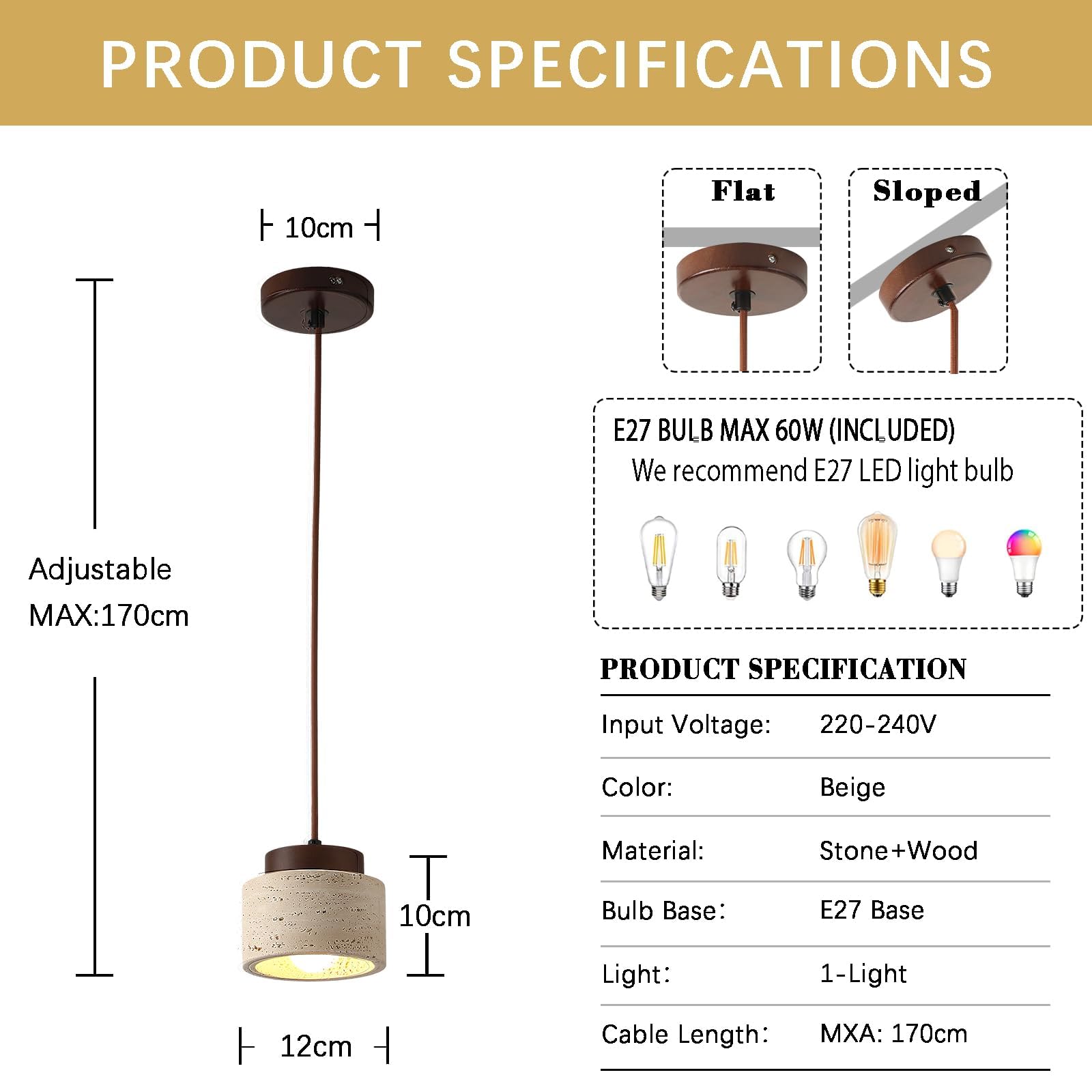 7W Lampadario Pietra Gialla Travertino Naturale Lampadari Giapponese Wabi Sabi Lampadario Decorativo Altezza Regolabile Lampada Moderno per Camera da Letto Sala da Pranzo Soggiorno Ingresso 12*10cm