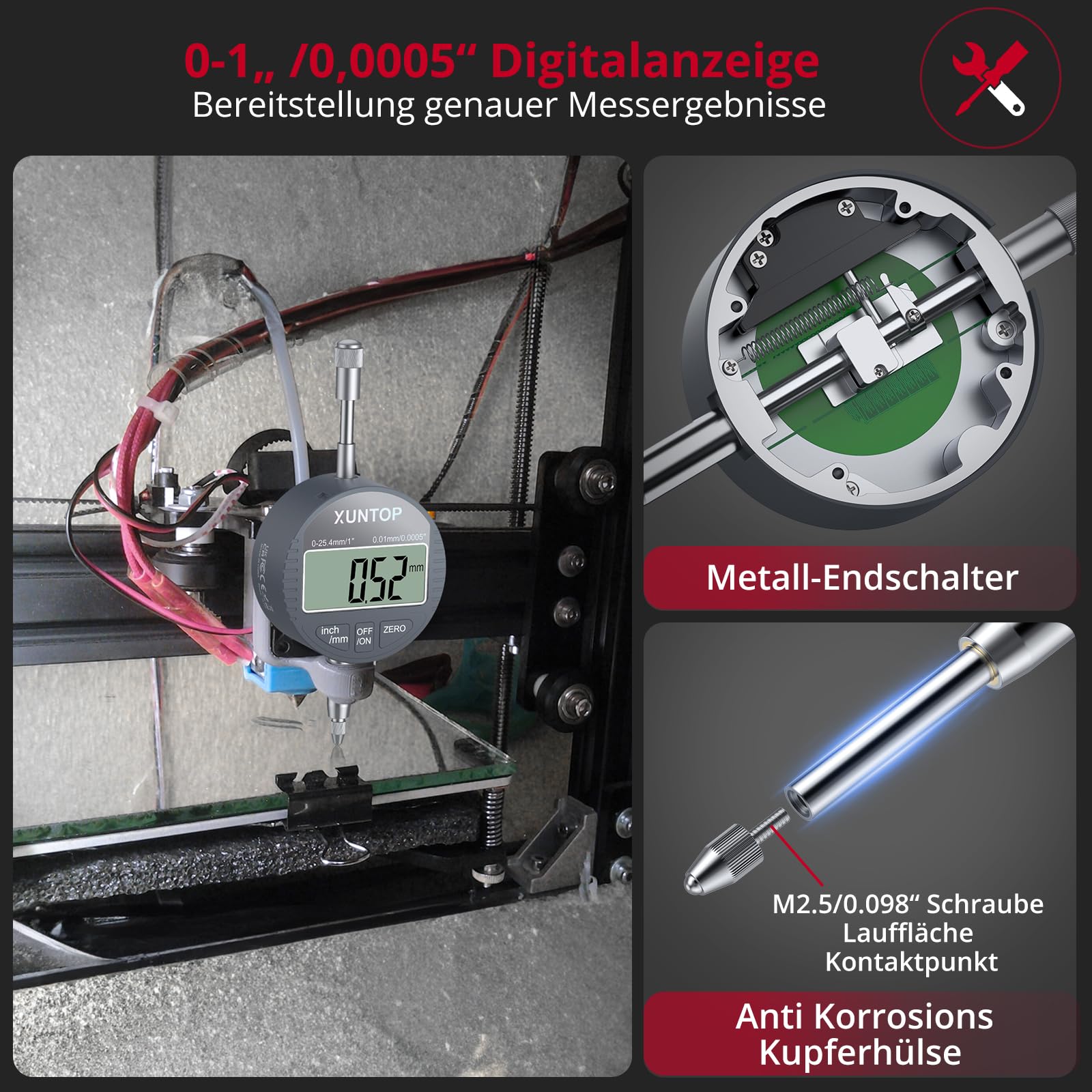 XUNTOP Digitale Messuhr mit Magnetfuß Präzisionsmessung 0,01 mm,132lbs/60kg Auto-Nullfunktion, 0-25,4 mm Messbereich, Ideal für Werkstatt, Maschinenbau und Automobilgebrauch