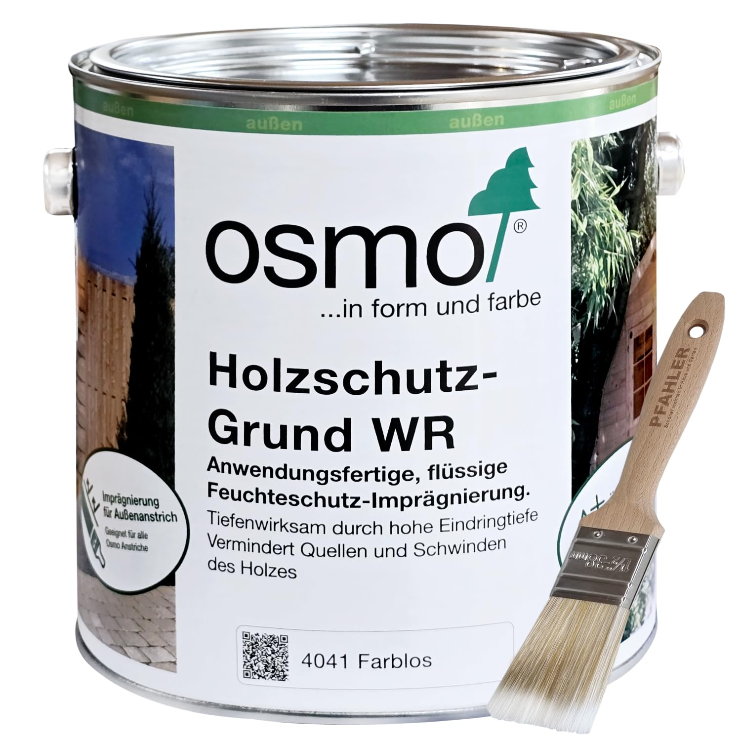 OSMO Holzschutz-Grund WR 4041 Farblos 2,5L für Außenanstrich flüssige Feuchteschutz-Imprägnierung + Flächenstreicher Pinsel von Pfahler