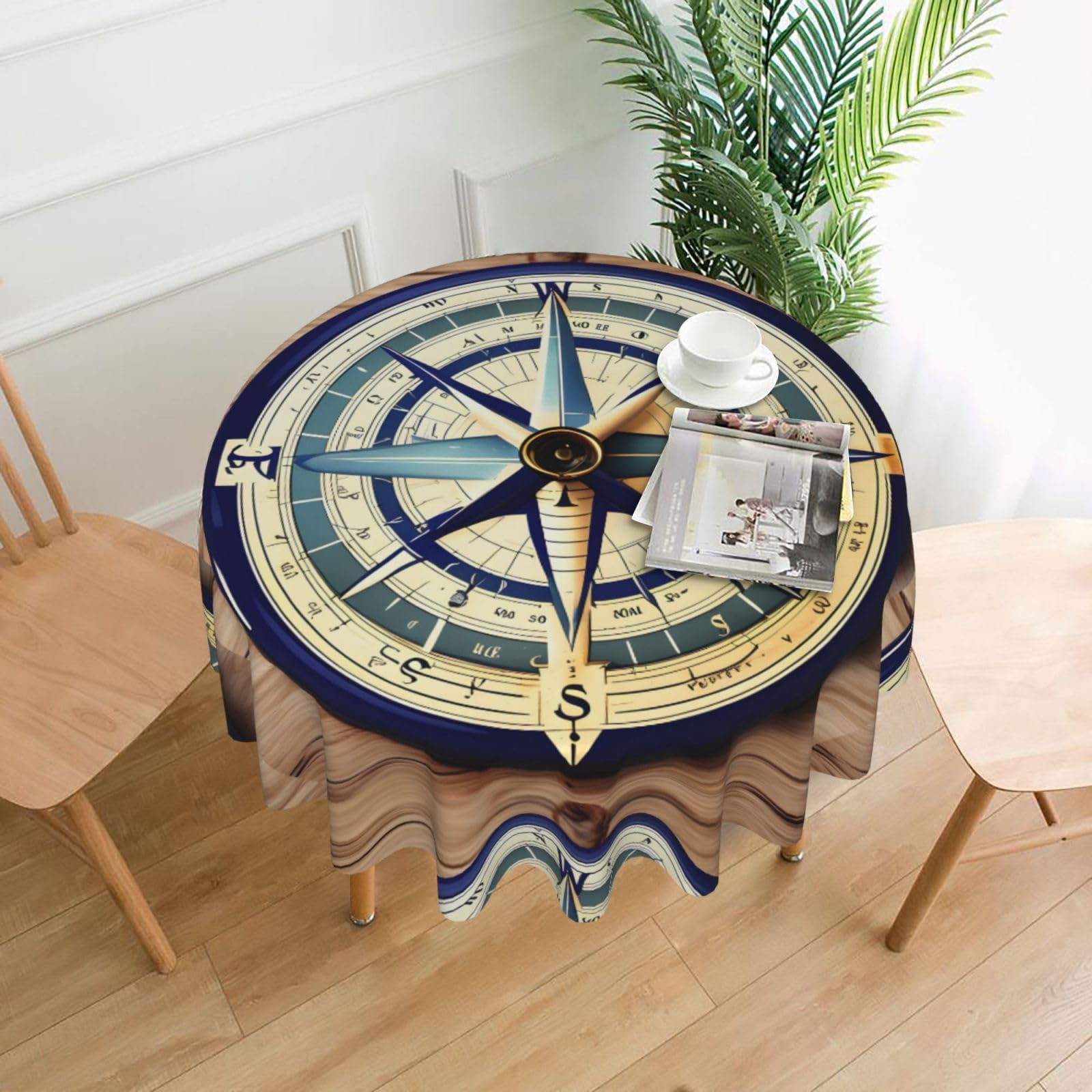 Nbtghga Maritime Sailboat Compass Print Tablecloth Round Border Table Cloth Cover Decorative For Party Holiday Dinning Tabletop Home