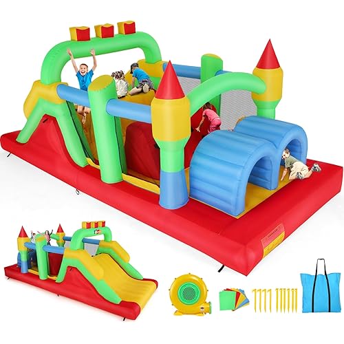 Whubefy 18x8.2FT Large Bounce House for Big Kids 8-12, Blow up Inflatable Obstacle Course w/Dual Slide, Dual Tunnels, Obstacle Climbing, Jump Bouncy Castle for Kids 3-6 Backyard Party Gift Family Fun
