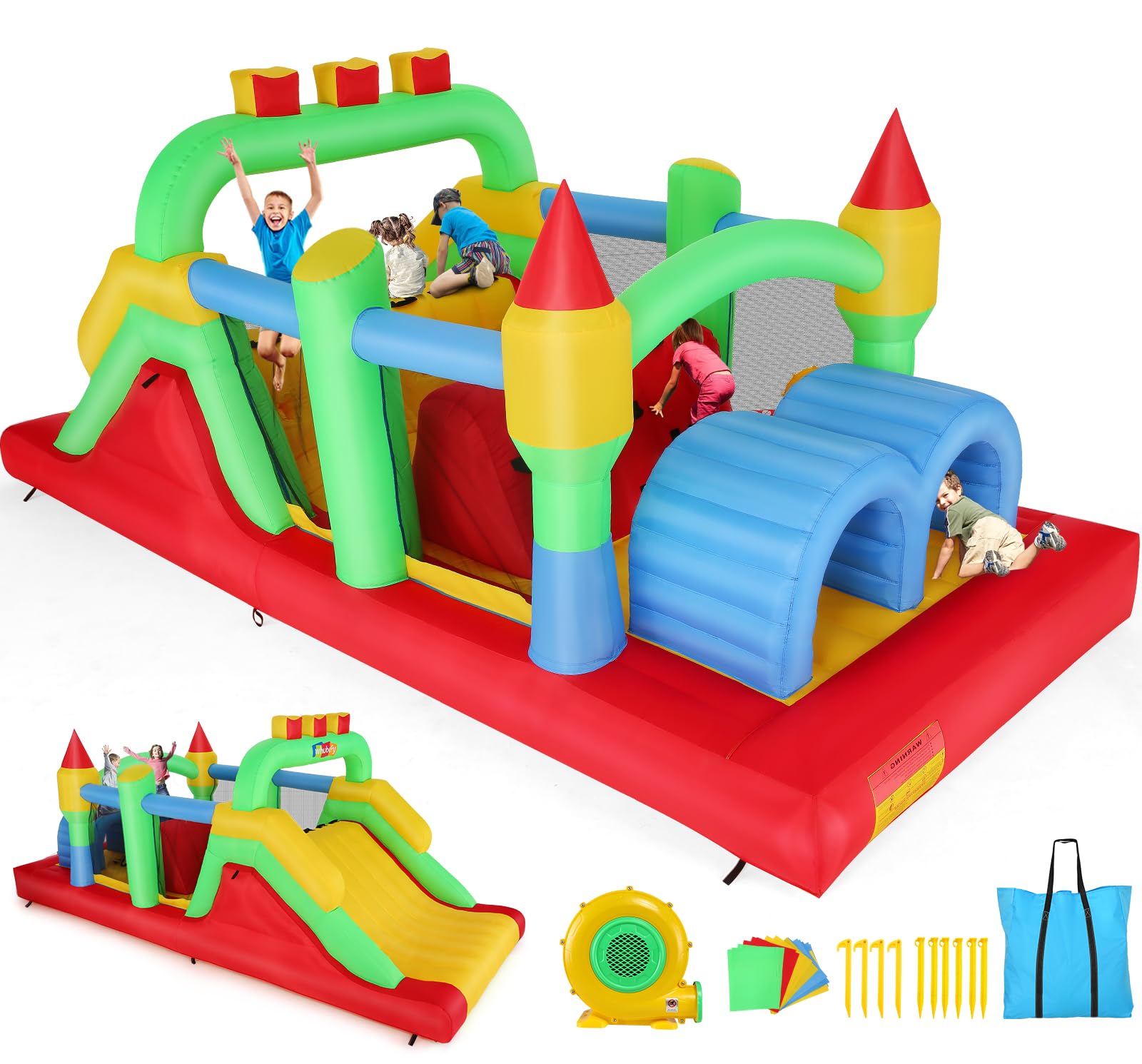 Whubefy Large Bounce House for Big Kids 8-12, 18ftx8.2ft Inflatable Obstacle Course Bouncy House for Kids 3-6 W/ 680w Blower, Outdoor Indoor