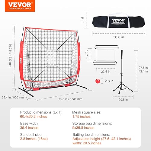 Miniatura 7 de VEVOR Red de práctica de sóftbol de béisbol de 5 x 5 pies, red portátil de entrenamiento de béisbol para golpear bateo, atrapar lanzamiento, equipo