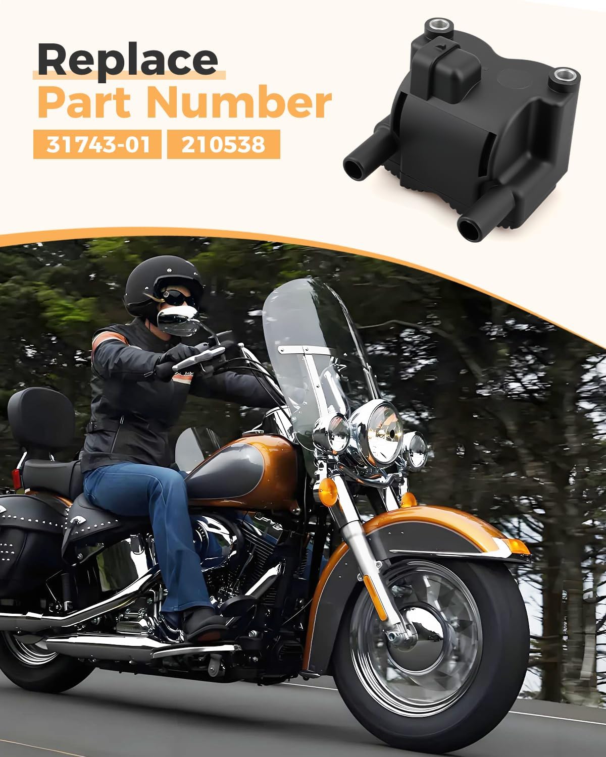 31743-01 Single Fire Ignition Coil Fit for Harley-Davidson Twin Cam 88, Softail, Electra Glide, Road King 2001 2002 2003 2004 2005 2006, Replaces Part Number 210538