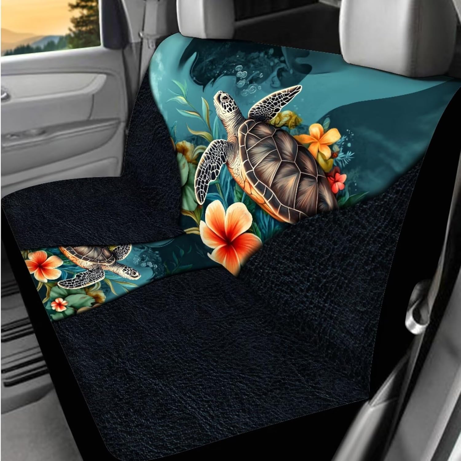Hawaiin Sea Turtle Car Seat Covers Full Set,13 Pieces Art Turtle Print Seatbelt Shoulder Pads,Collapsible Garbage Bin,Armrest Pad Cover,Armrest Pad Set for Women Men Auto Interior Accessories