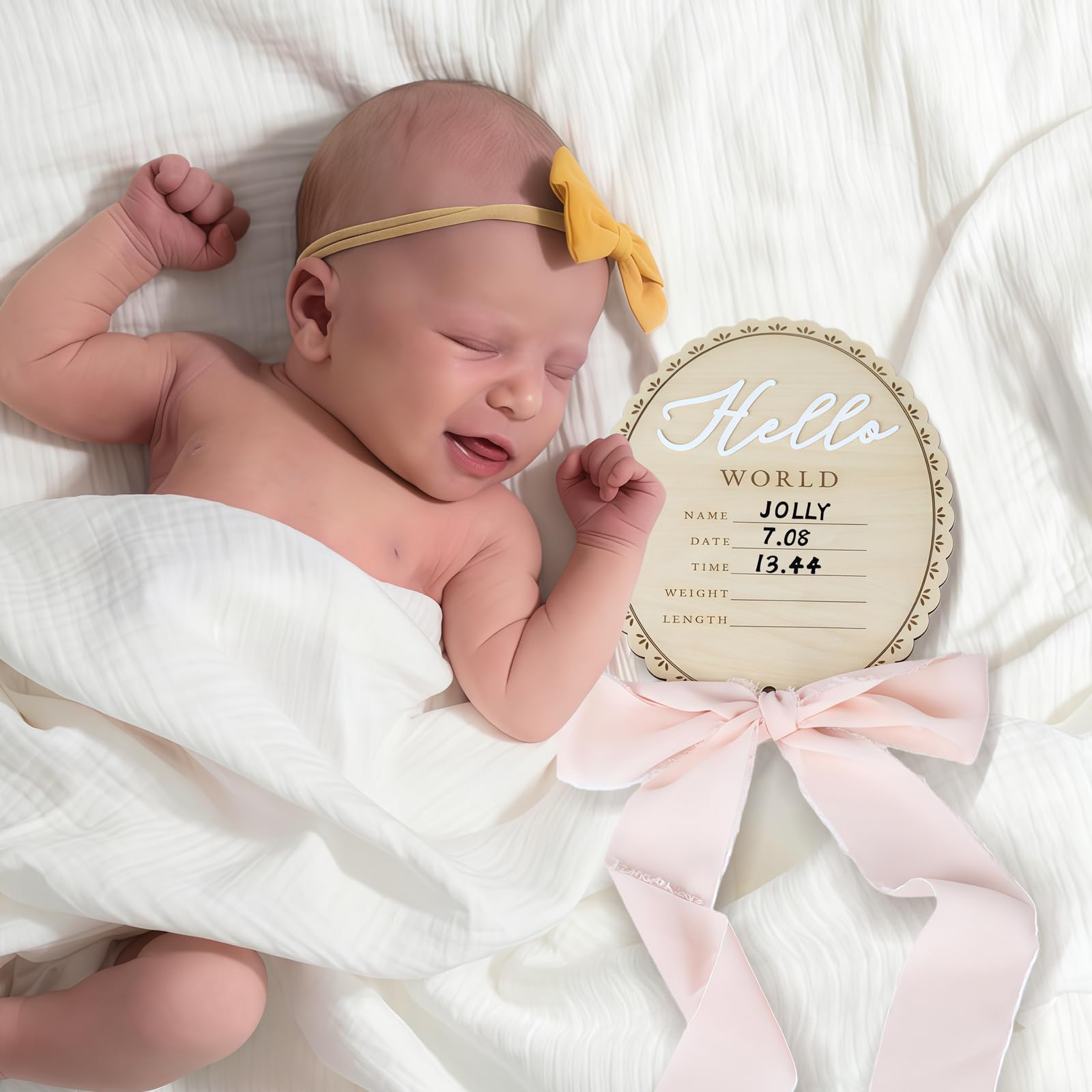 Drewniany znak "Hello World", znak powitalny dla noworodka, plakietki z imieniem urodzenia, do rekwizytów fotograficznych, pod prysznic, do szpitala, przedszkola (cięcie kokardki)