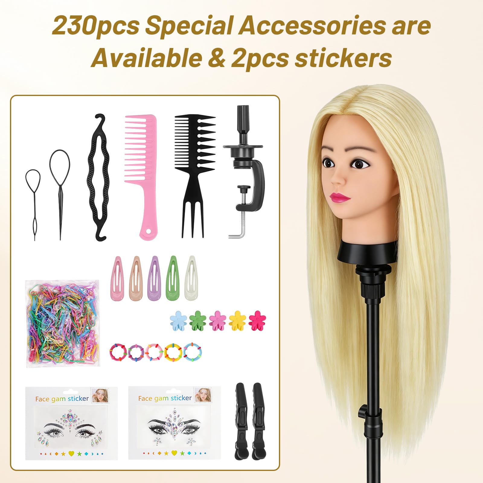 Friseurkopf, 61 cm, 80 % menschliches Training, Echthaar, Puppenkopf für Haarstyling mit Tischklemme, Übungs-Styling-Kopf, Puppe mit Haarstyling-Set für Friseursalons