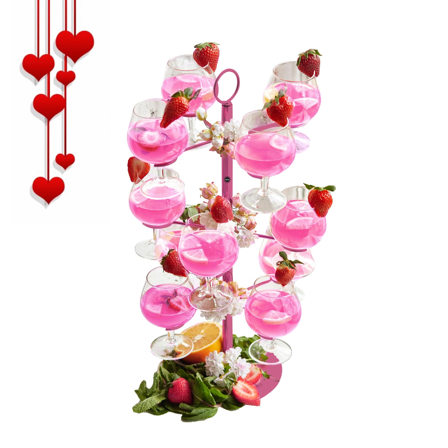 Cocktail Tree Stand, Metal Drink Tower, 3 Tier - 12 Holders For Champagne, Martini, Margarita Cups (Pink)