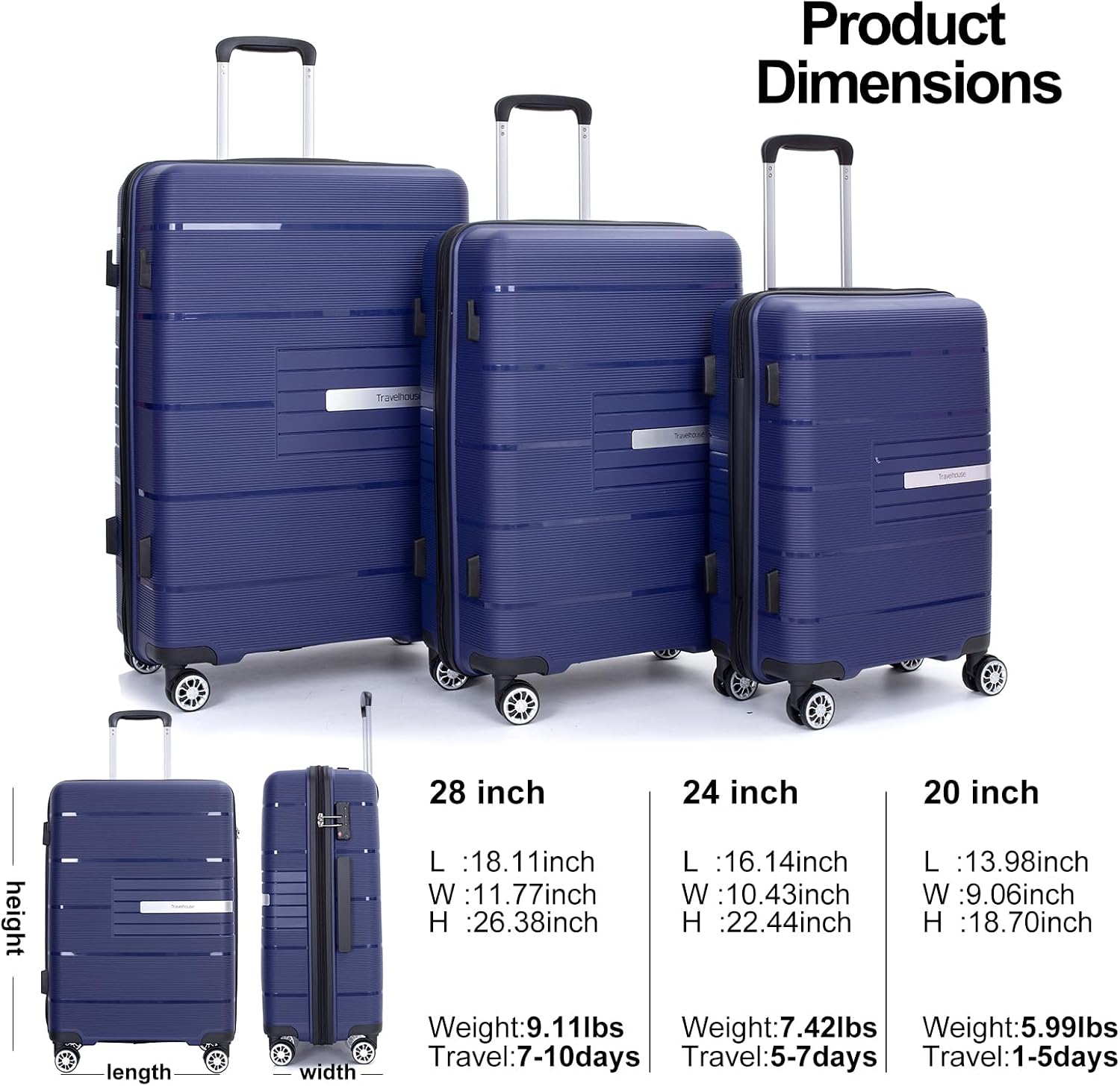 Tripcomp Luggage 3 Piece Sets Suitcase Set with Double Spinner Wheels, Lightweight Carry On Hardside Travel Luggage with TSA Lock, (20/24/28) (Navy)