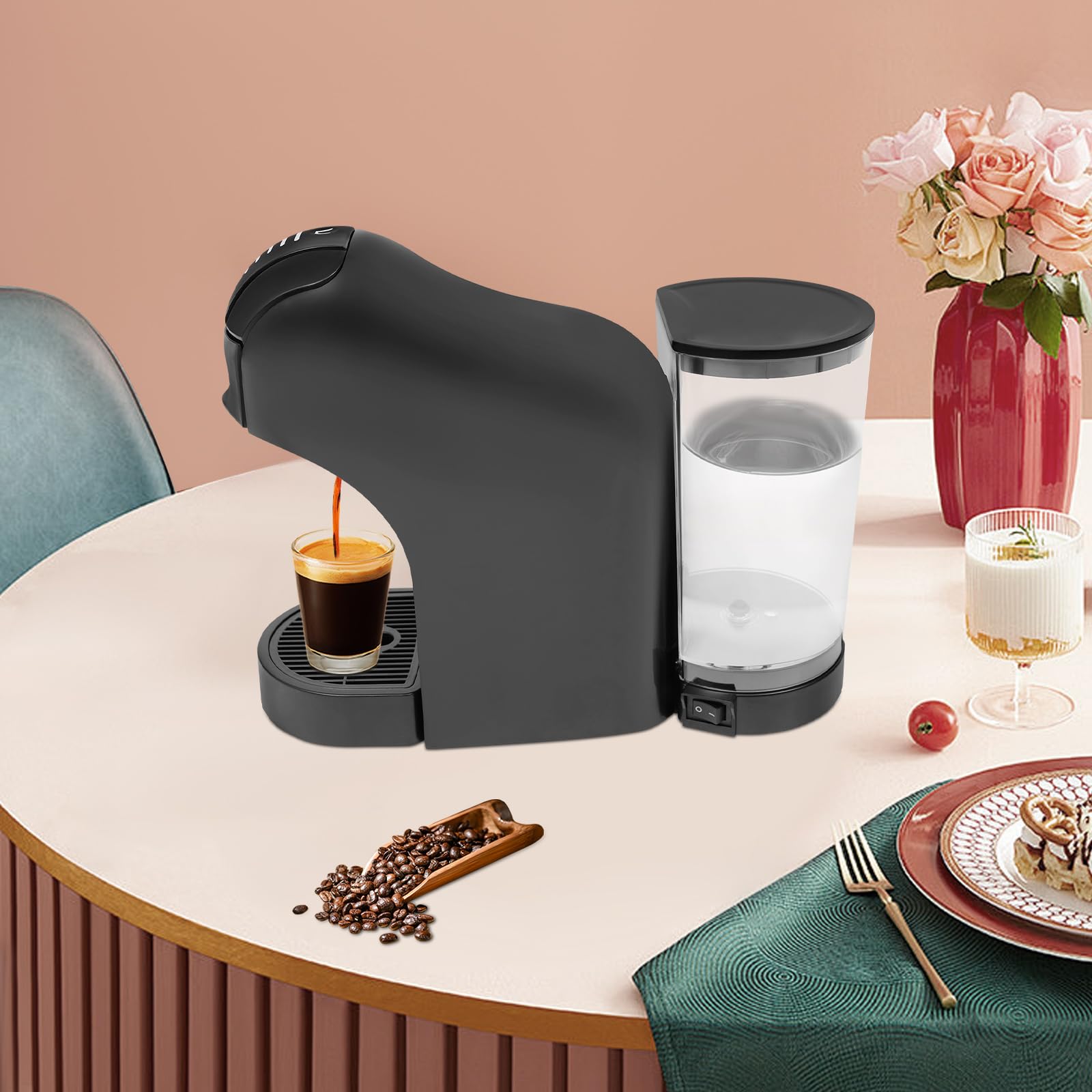 Ekspres do kawy na kapsułki, 1400 W, ze zbiornikiem na wodę 800 ml, czas nagrzewania 30-40 s, automatyczne wyłączanie, czarny