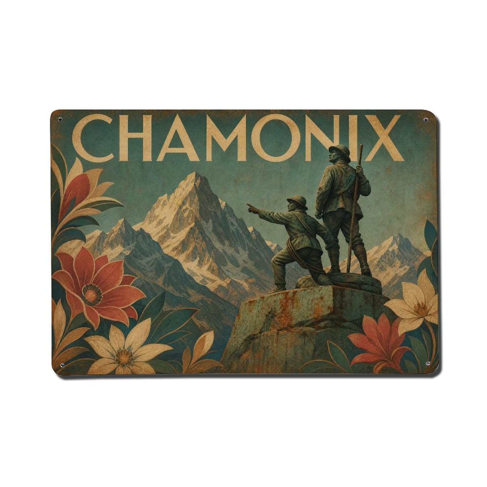 Vintage Travel Chamonix Mountain Climbers Monument Metal Tin Sign