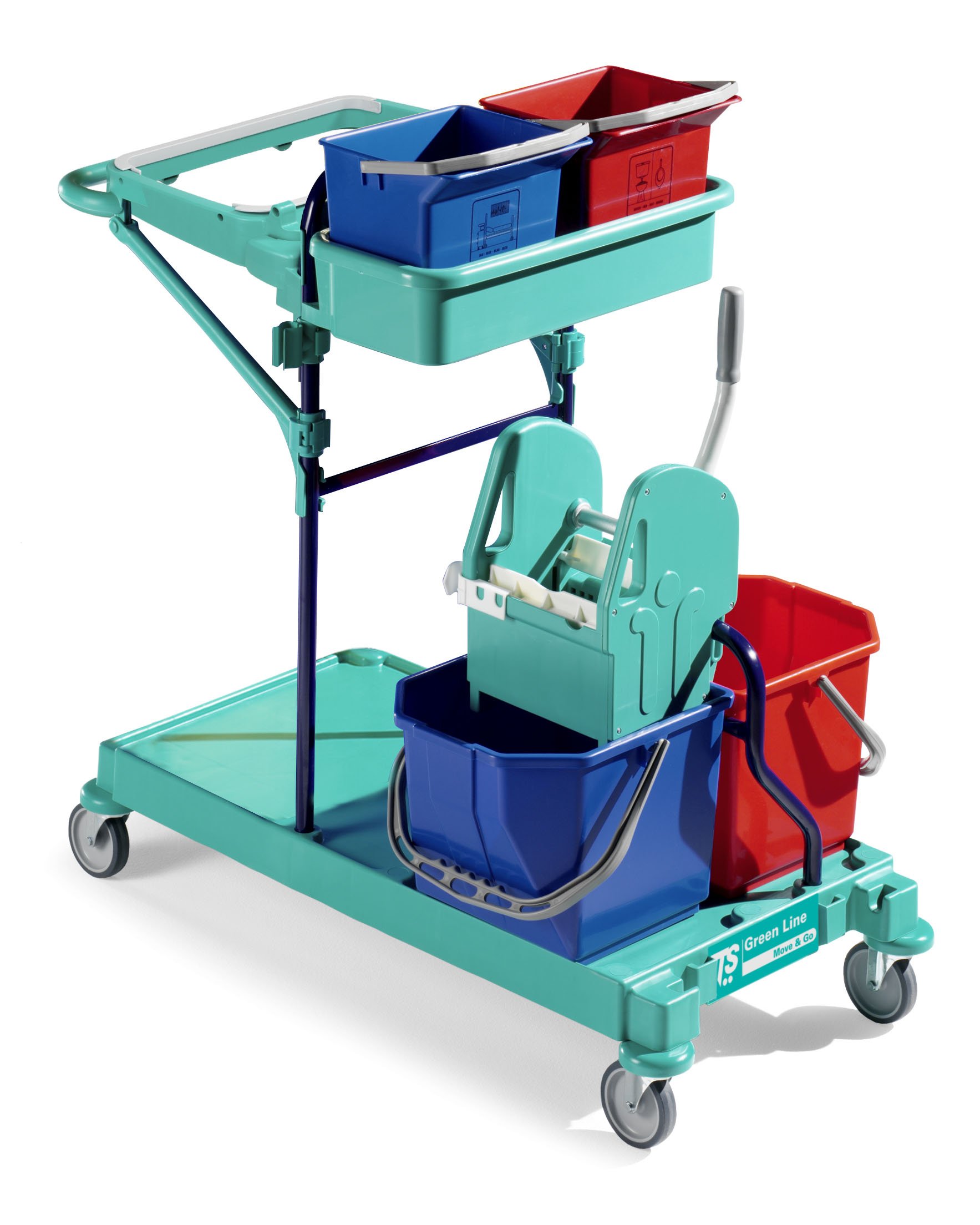 TTS 0B003400 Green 400 Carrello per la Pulizia, Due Secchi da 15 Litri e Strizzatore, Due Secchi da 6 Litri e Una Vaschetta Portaoggetti, Portasacco da 120 Litri