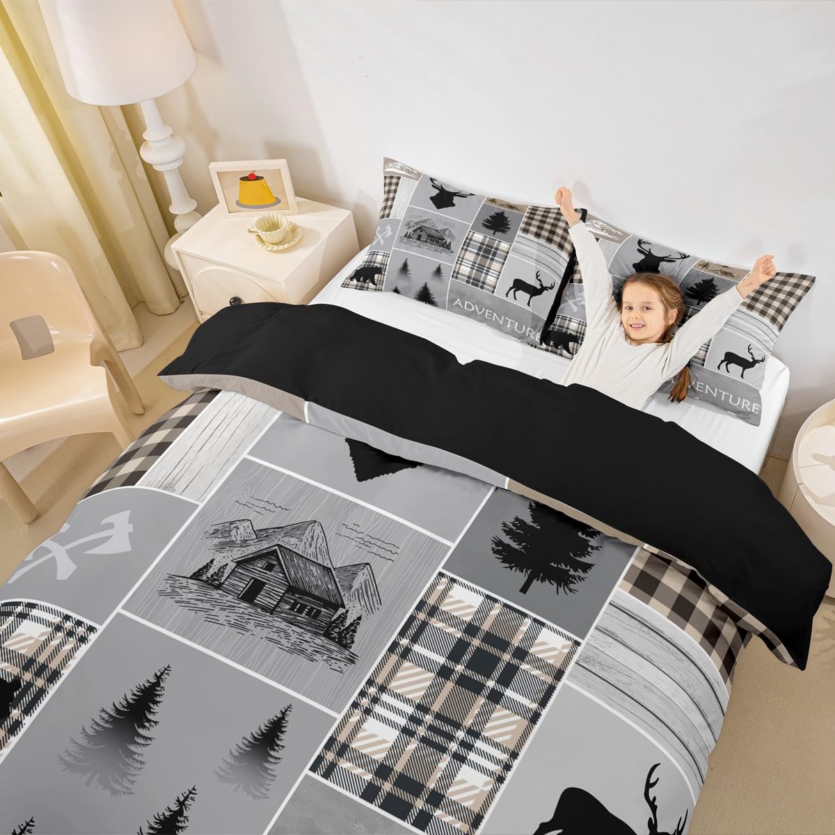 Erosebridal Rustic Patchwork Duvet Cover Queen Retro Cabin Decor Bedding Set for Kids Boys Teens Adult, Woodland Bear Deer Comforter Cover Vintage Wild Animal Cowboy Quilt Cover Farmhouse Decorations