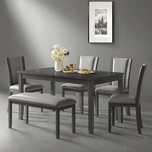 Miniatura 7 de Juego de mesa de comedor Trygoal para 6, juego de mesa de comedor de 6 piezas estilo granja con mesa rectangular, 4 sillas tapizadas con respaldo y