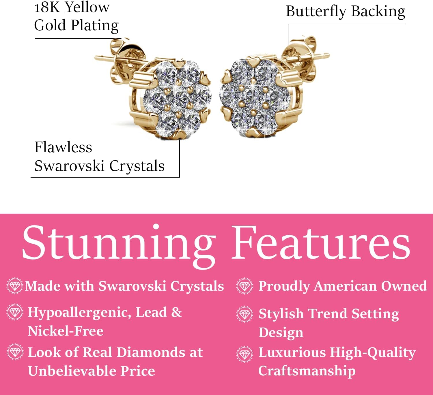 Cate & Chloe Remy 18k Gold-Plated Pave Stud Earrings with Round Cut Simulated Diamond Crystals, Elegant Wedding Jewelry for Women, Gift for Her on Christmas, Anniversary, Birthday