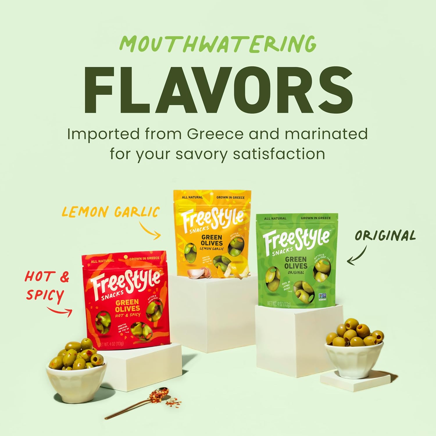 Freestyle Snacks Olive Packs - Variety Pack Bundle - Includes (6) 1.1oz Single Serve Packs + (3) Resealable 4oz Packs of Fresh Pitted Green Olives, Jumbo-Sized, Grown in Greece, All Natural & Vegan