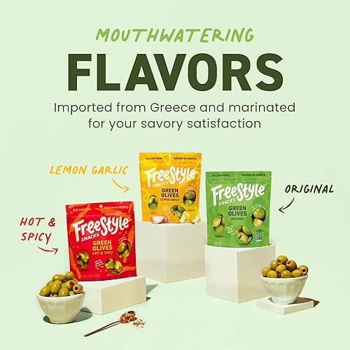 Miniatura 3 de Freestyle Snacks Paquetes de aperitivos de aceituna  Aceitunas verdes frescas sin hueso, 3 sabores, tamaño gigante, cultivadas en Grecia, aperitivo