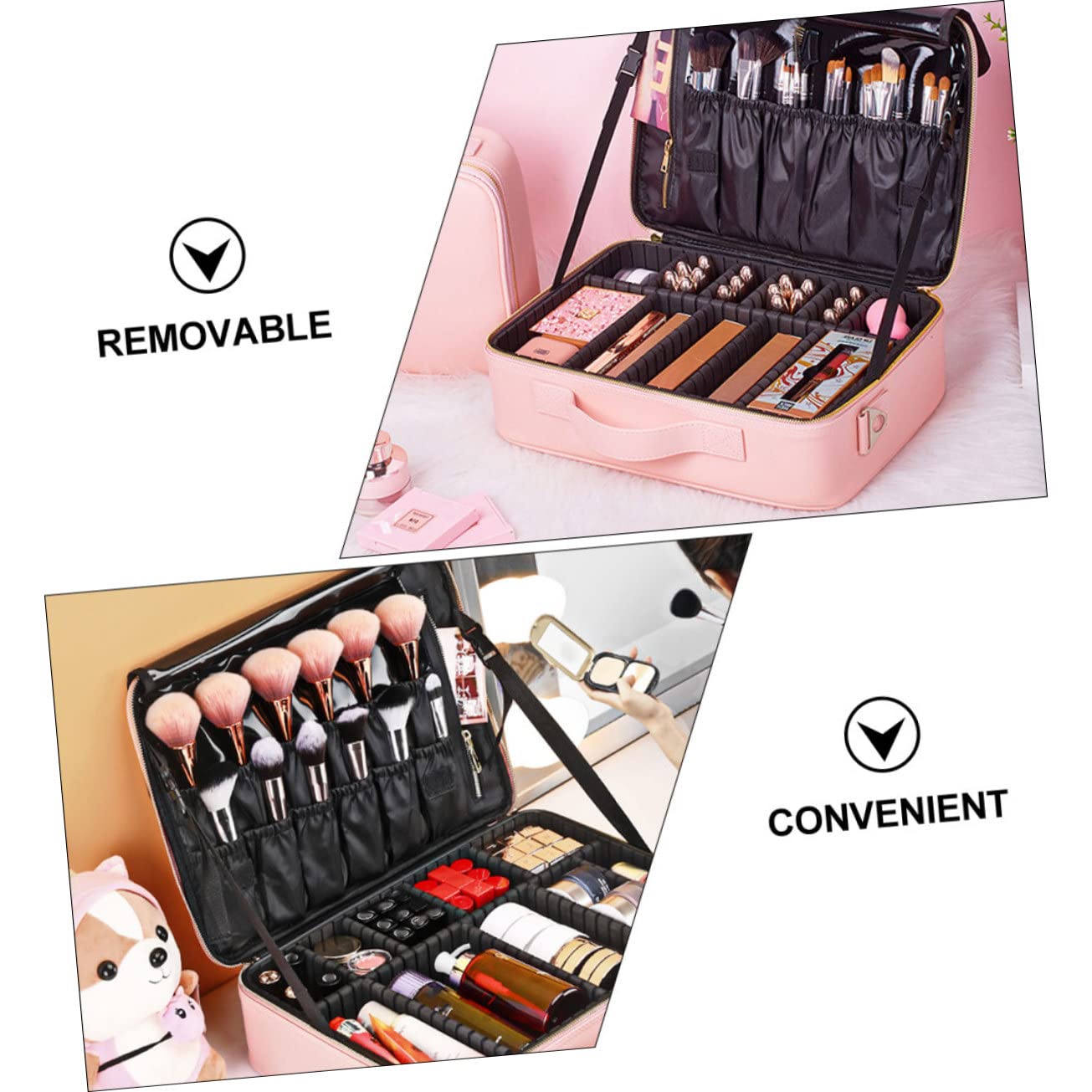 Neceser de Maquillaje Rosa de Gran Capacidad en Piel PU
