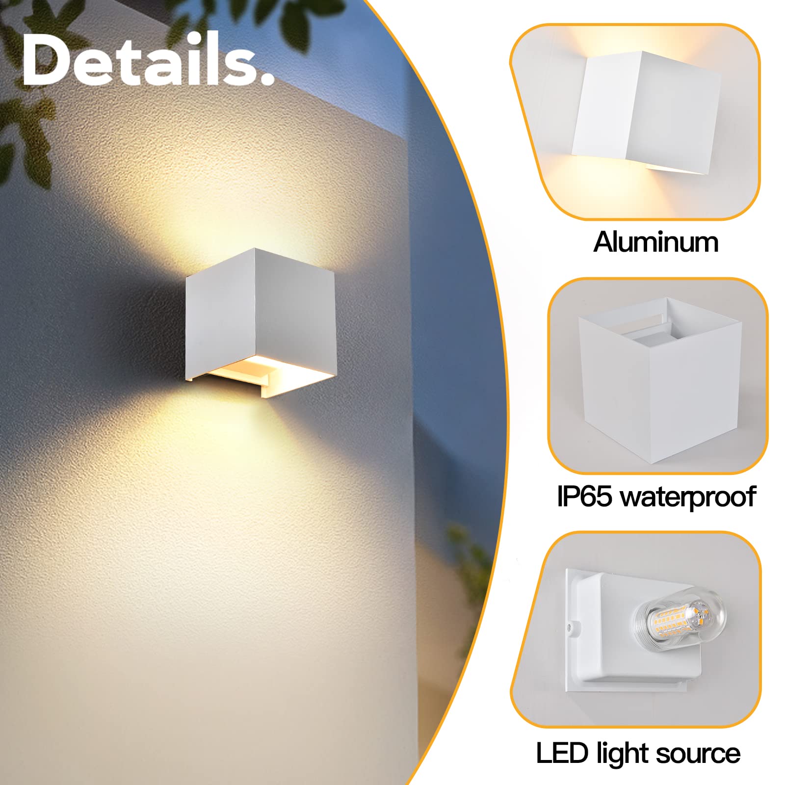 Applique da Esterno con 9W 4000K Bianco Naturale G9 Sorgente Luminosa Sostituibile Applique da Parete Interno IP65 Impermeabile Lampade da Esterno Angolo del Fascio Regolabile【2 Pezzi Bianco】