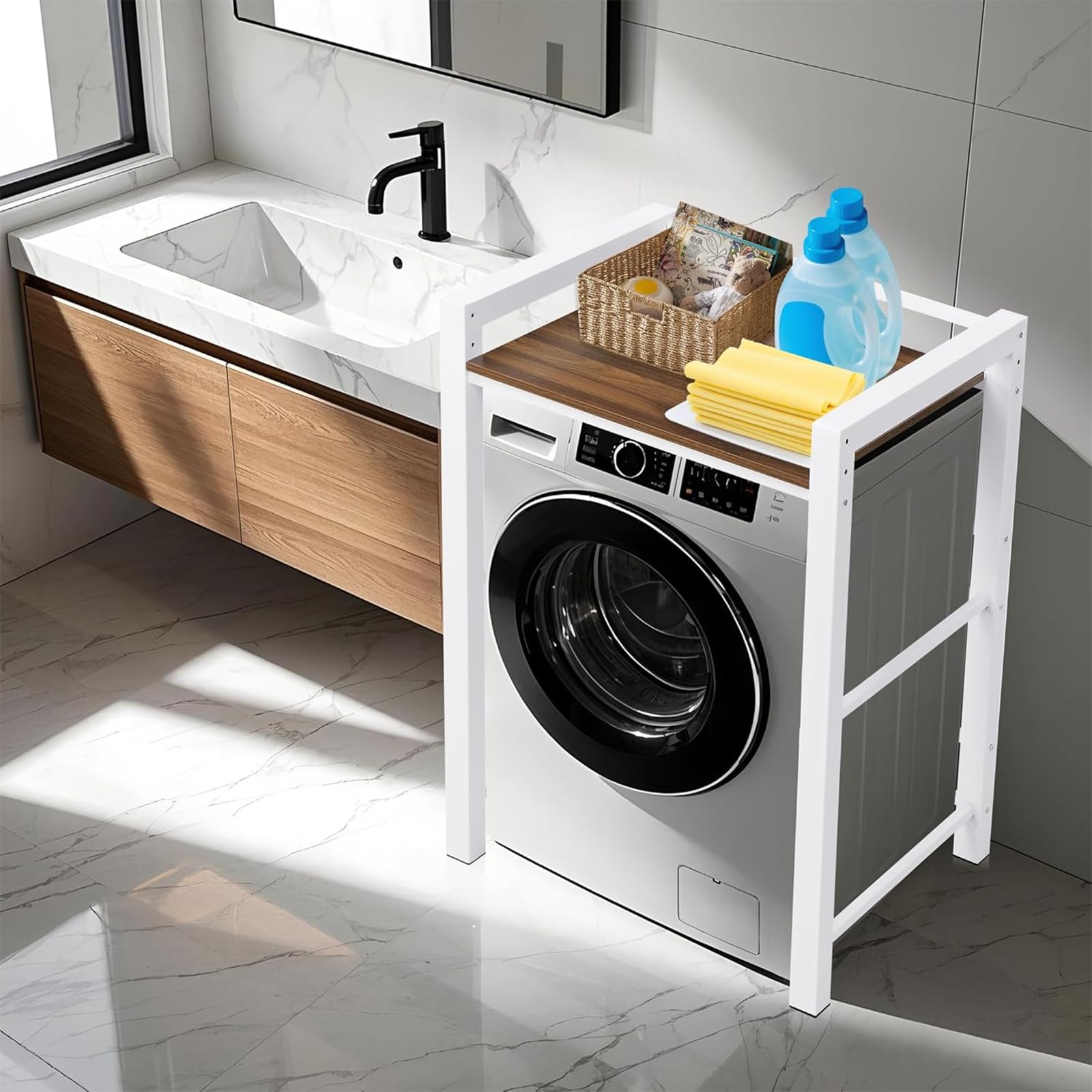 Scaffale per Incolonnamento Lavatrice e Asciugatrice, 3 Regolabili in Altezza,Base per lavatrice, Scaffale Sopra la lavatrice, Capacità di Carico 350 kg, Per Bagno (bianco, 75 x 65 x 105 cm)