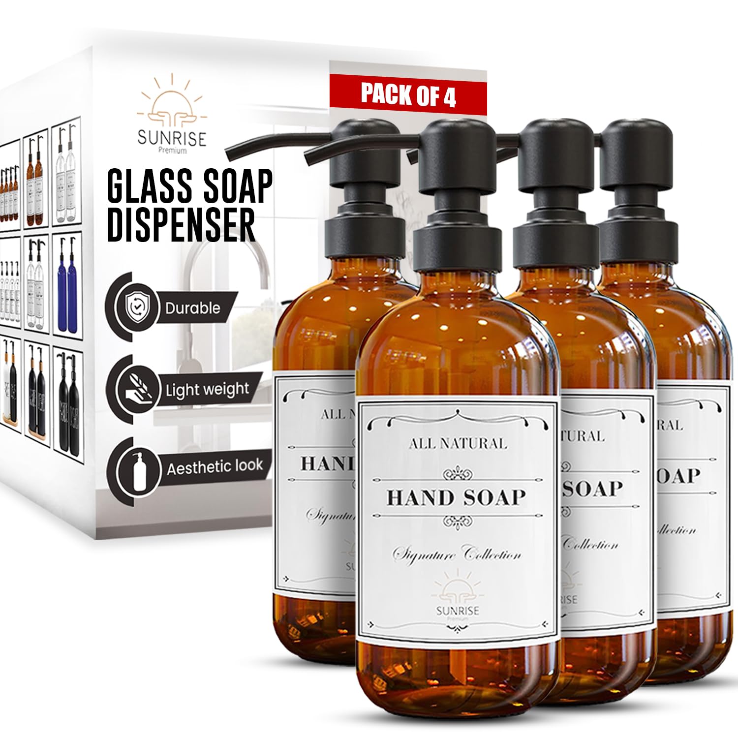 Sunrise Premium Amber Glass Soap Dispenser, Matte Black Pump, 4 Pack