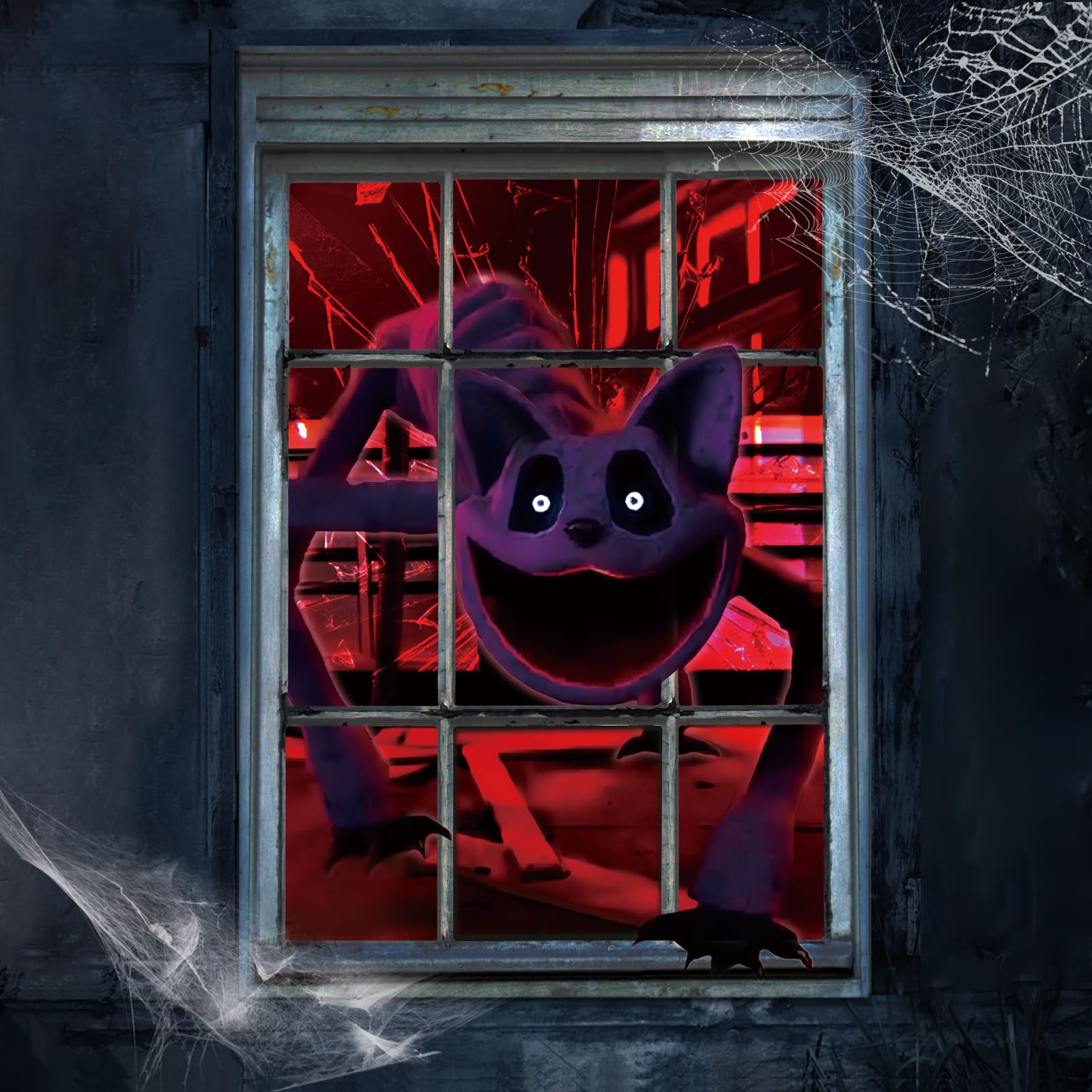 Digi4UHalloween Window Decorations, Halloween Curtain, Scary Cat Decor for Window Door, Smiling Critters Halloween Party Decorations Indoor Outdoor (Cat)