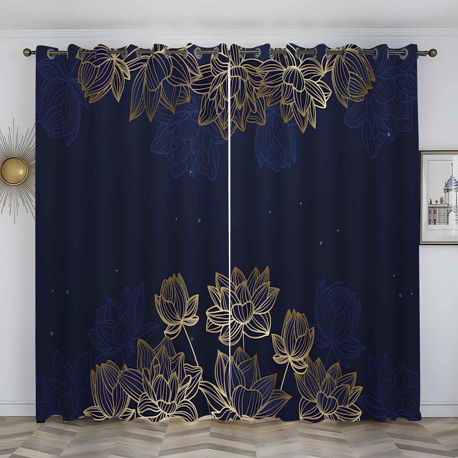 Rideaux occultants bleu marine à motif floral 132x160 cm pour chambre et salon