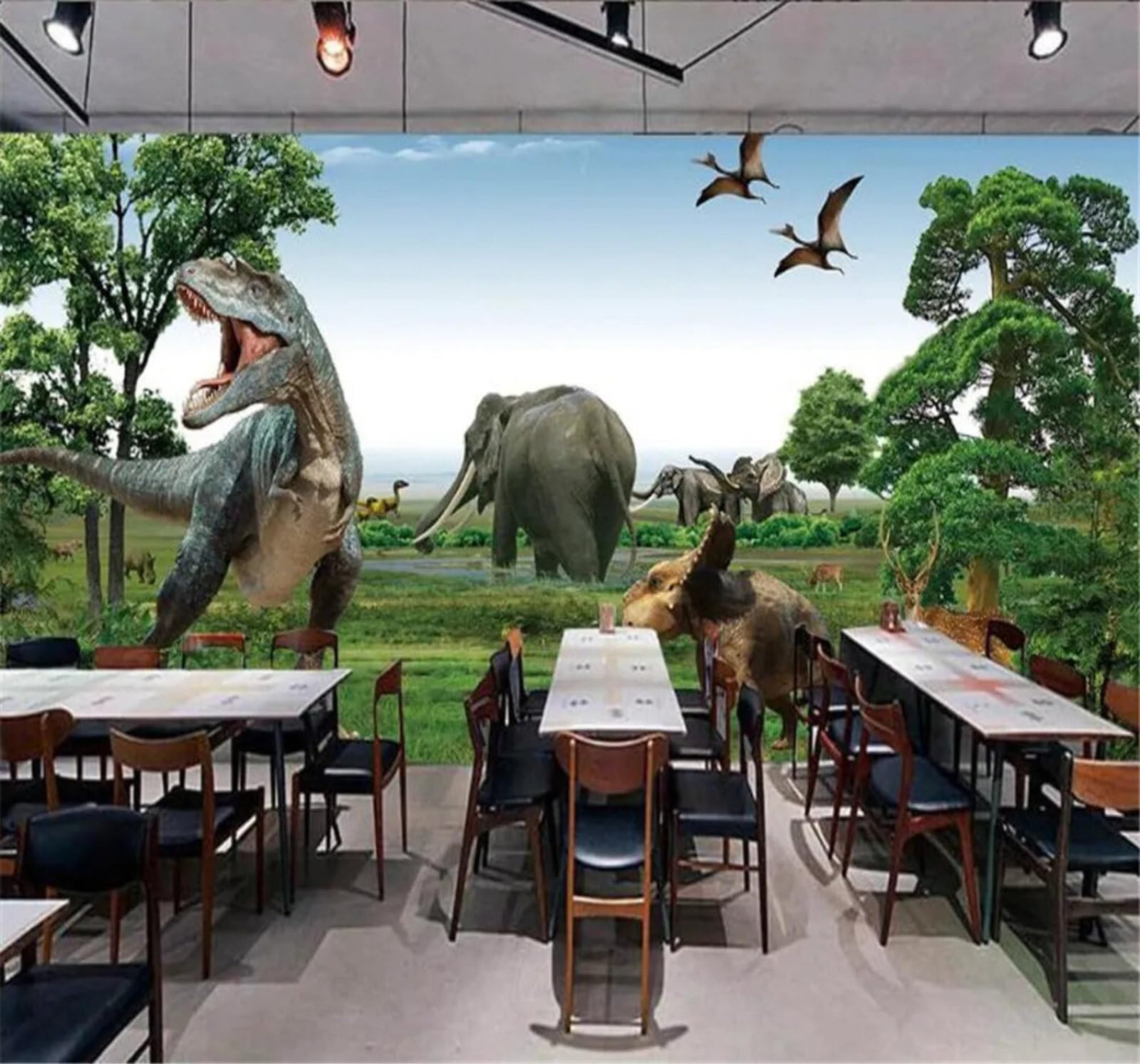 Tzxztt 400Cm×280Cm(B×H) Fresh Green Jungle Dinosaur Sky Modern 3D Wallpaper Premium Textured Silk Neutral Tones Material Ideal For Living Room Bedroom-400Cm×280Cm