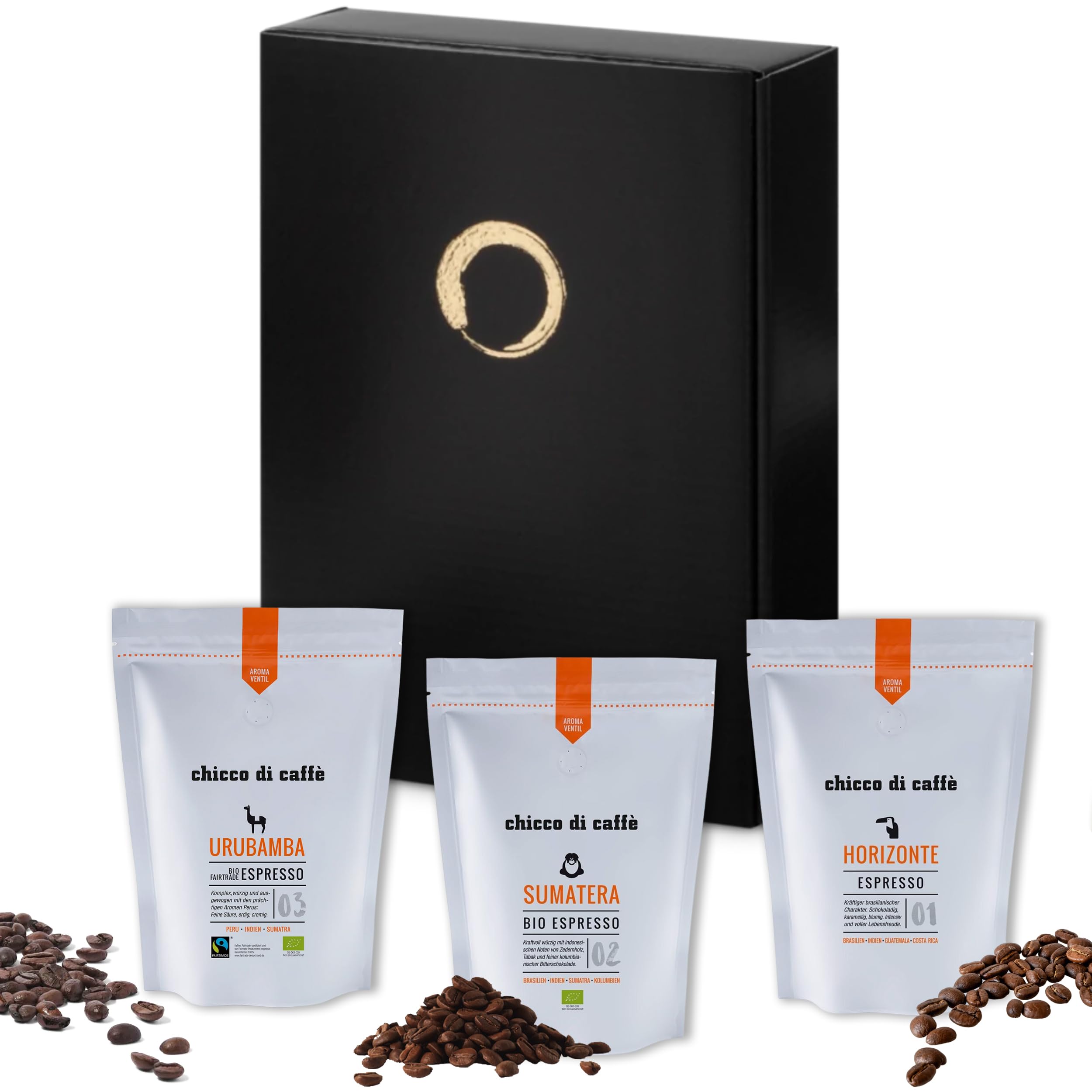GUSTONE. chicco di caffè Espresso edles Geschenkset Trio ganz Bohnen