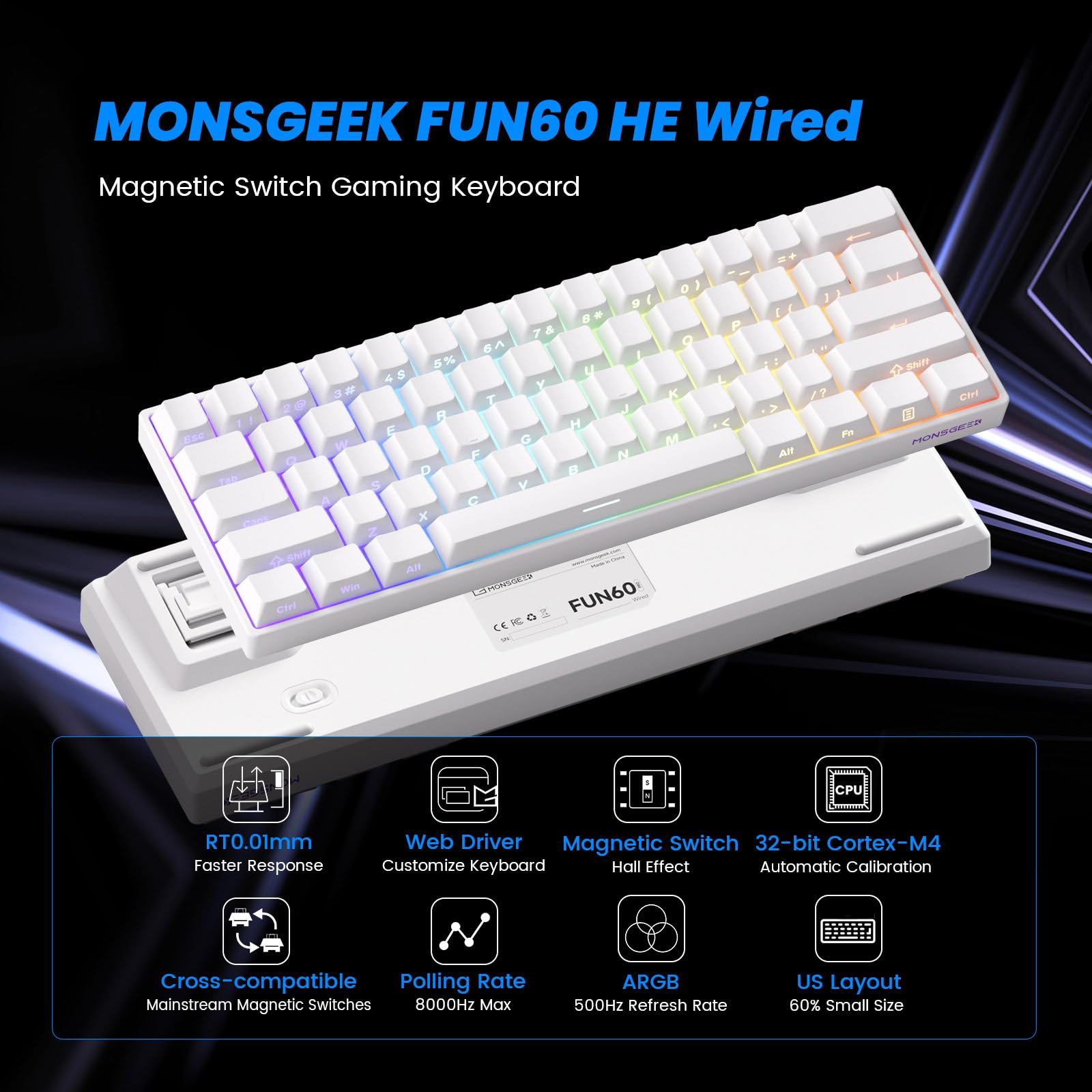 MONSGEEK FUN60 Pro Rapid Trigger klawiatura do gier, częstotliwość próbkowania 16 k, przełącznik magnetyczny SP, klawiatura HE, klawiatura przewodowa, 60% biała błyszcząca (odblaskowy przełącznik