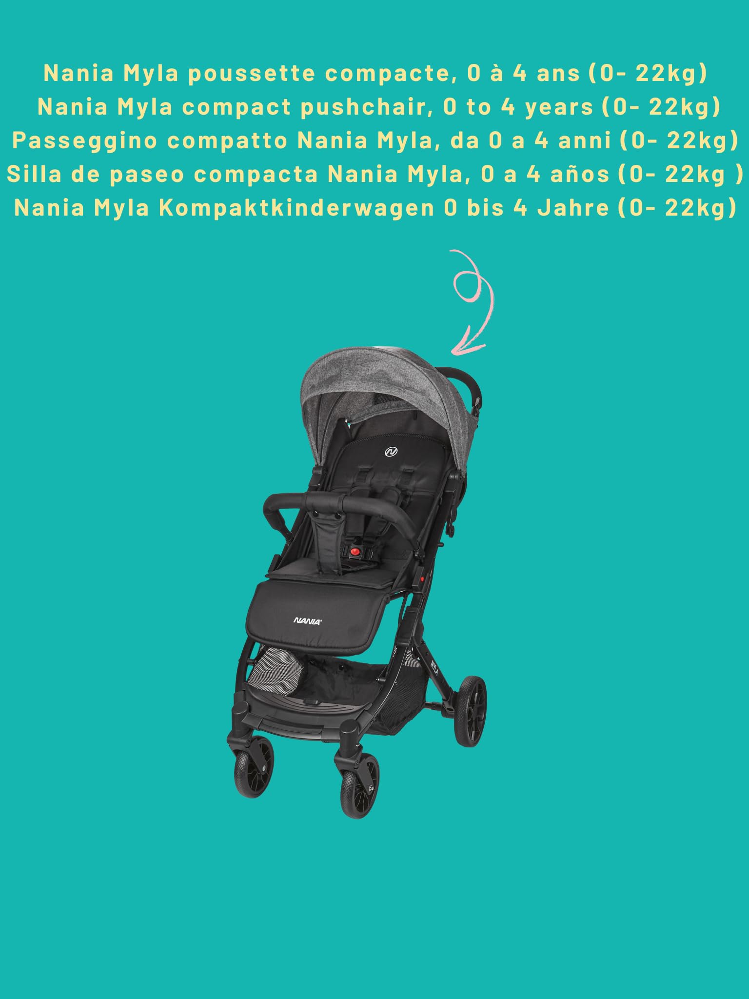 Nania Myla, passeggino compatto, da 0 a 4 anni (massimo 22 kg), leggero (7,5 kg), auto da città, inclinabile con una sola mano in posizione reclinabile, grande cestino, con trolley