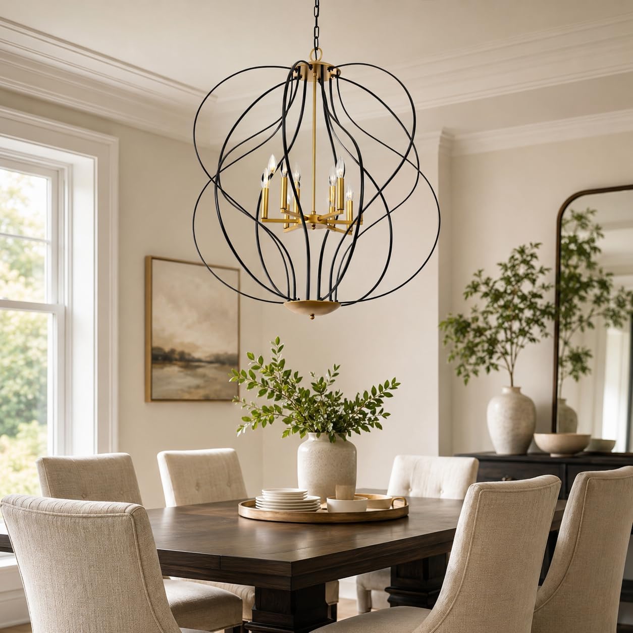 Maxax 35.4" Modern Chandelier, 6 Lights Geometric Chandeliers, Black and Gold Industrial Sphere Pendant Lights for Dining Room Foyer Entryway Living Room Bedroom