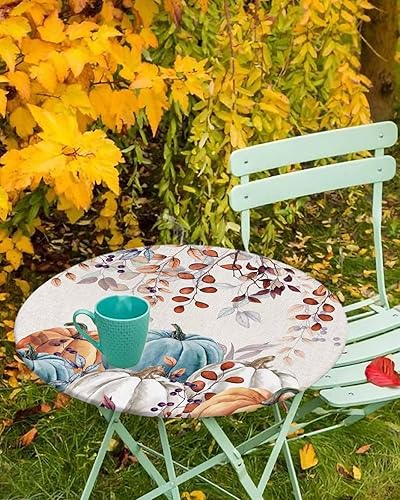 Miniatura 8 de Mantel redondo ajustable con diseño de hojas de otoño para mesas de comedor, mantel elástico con bordes de hojas de otoño, calabaza, impermeable, a