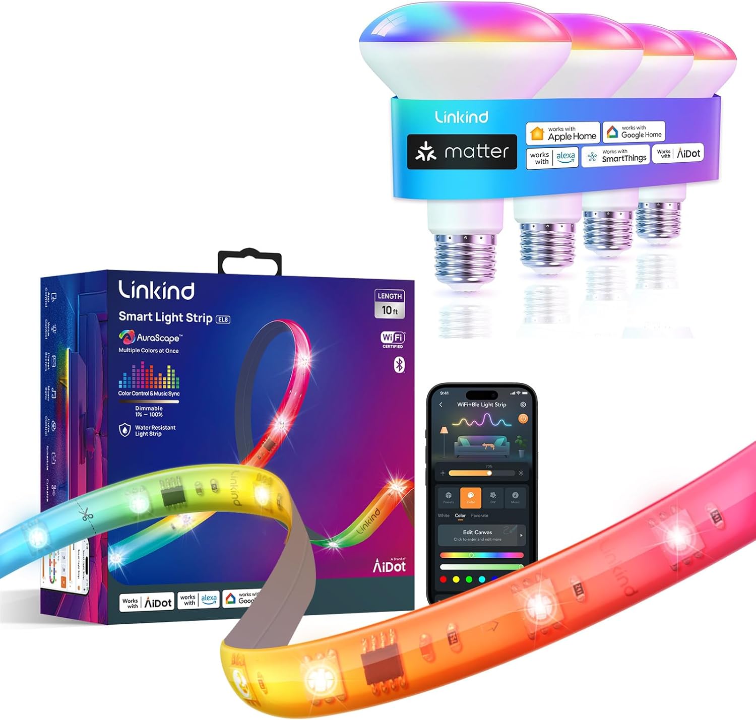 Matter Smart Light Bulb BR30 and LED Strip Lights RGB 10ft Compatible with Alexa and Google Home