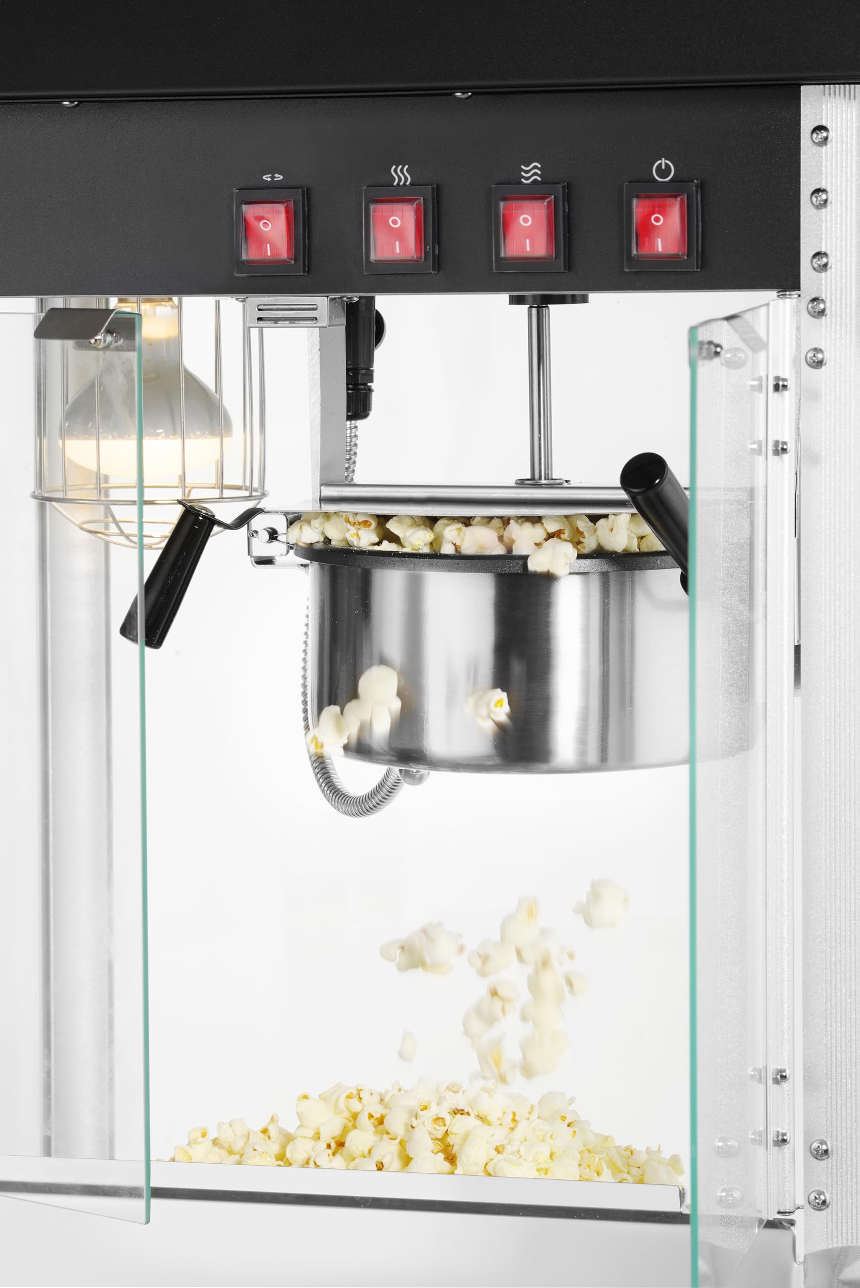 HENDI Popcornmaschine, mit Schaufel, Heizpfanne mit Rührwerk, beleuchteter Innenraum, Popcorn Maker, Warmhaltevitrine, 230V/1155W, 560x420x(H)760mm, Edelstahl, Aluminium, Glas, schwarz