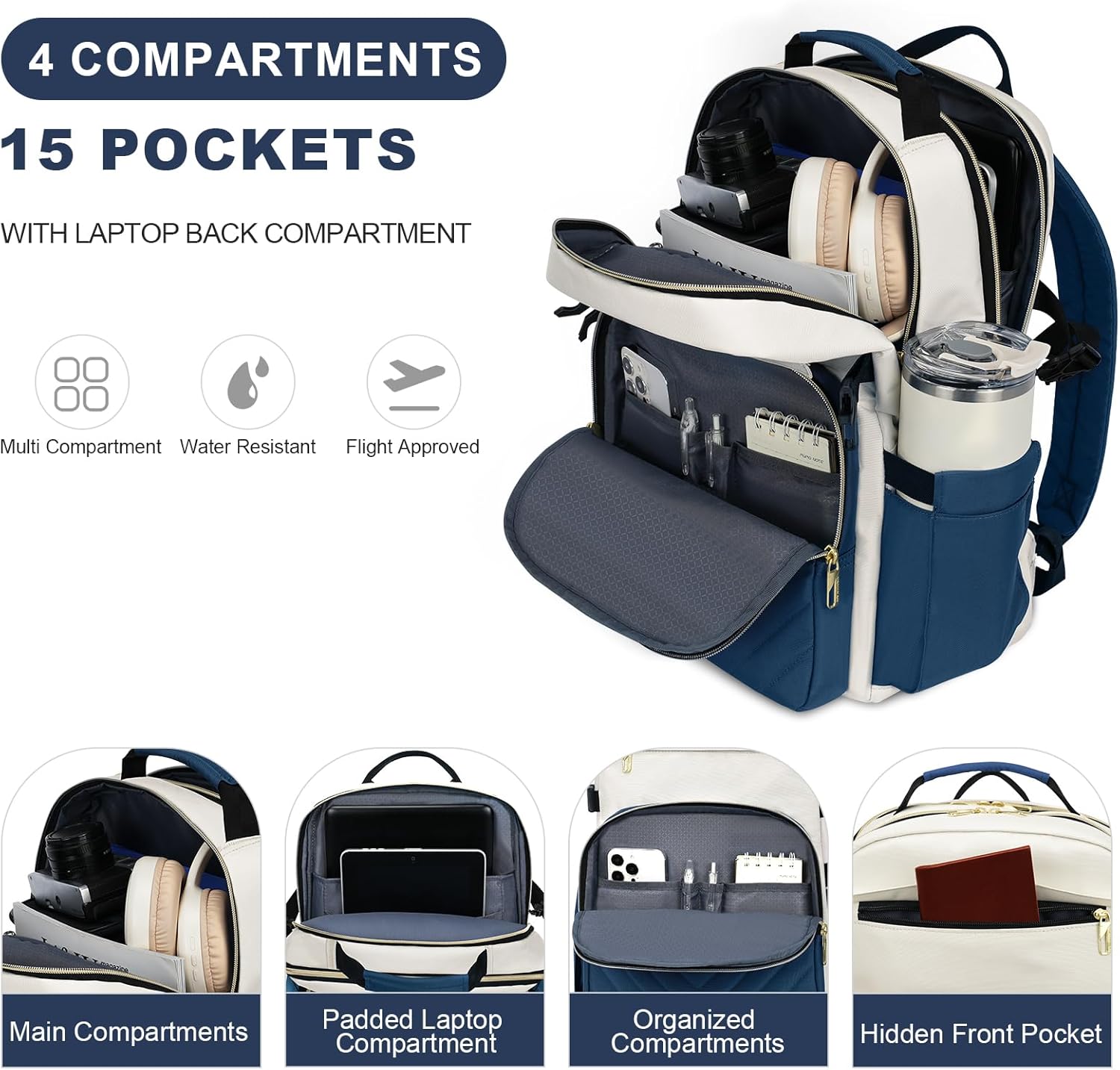 VANKEAN Laptop Backpack for Women with Giant Tumbler Holder Pocket,17.3 inch School College Book Bag Nurse Teacher Backpack,Waterproof Work Travel Backpack Purse Laptop Computer Bag, Beige-Haze blue