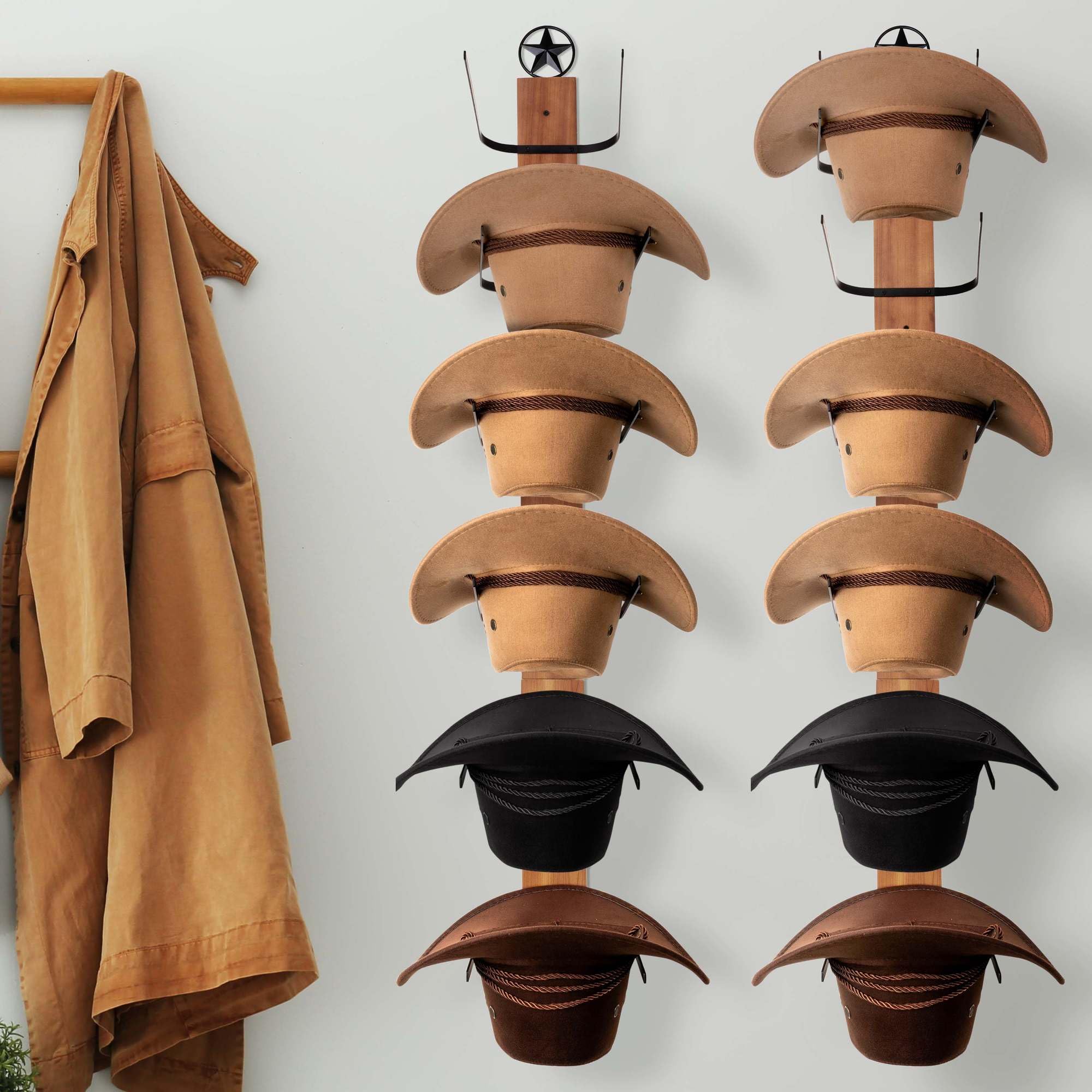 AJART Western Cowboy Hat Storage Rack: Cowgirl Wall Decor for Home - 6 Pieces Cowboy Hat Oragnizer Hooks - Brown