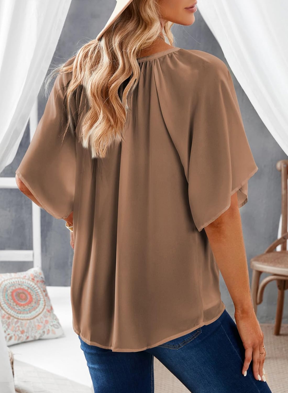 Dokotoo Womens Dressy Chiffon Blouses Summer Bell Short Sleeve Shirts V Neck Business Casual Work Tops - Image 4