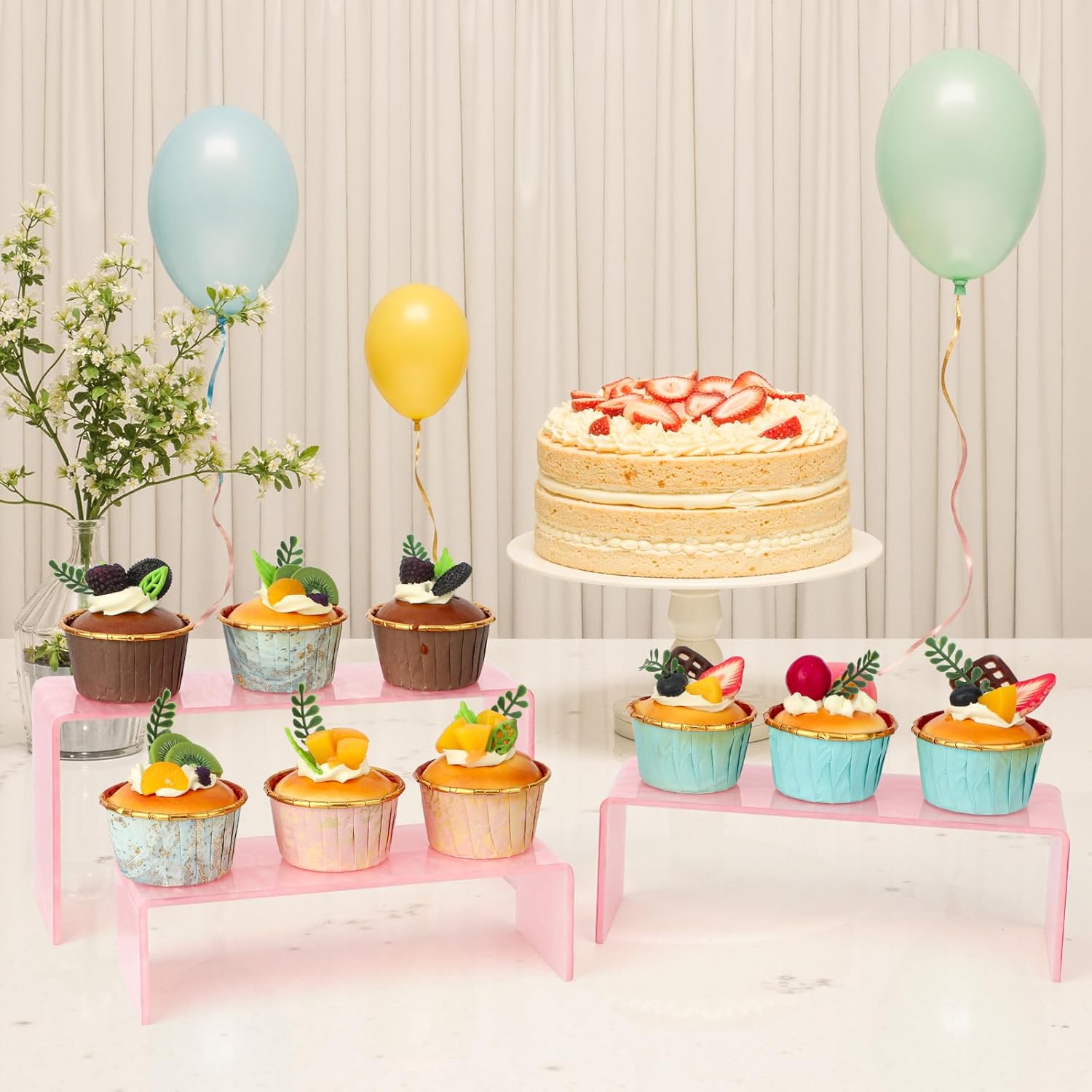 Pink Acrylic Risers Display Stand - 3 Tier Stand For Pop Figures , Rainbow Cupcake Stand , Rectangle Shelf , Perfume Organizer , Dessert Stand (1 set)