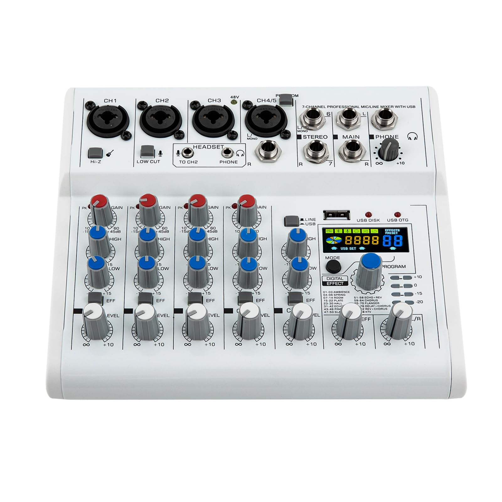 Mixer bianco a 7 canali, mixer audio a 7 canali, mixer musicale a 7 canali, 18,3 x 20,8 x 4,5 cm, per spettacoli sul palcoscenico, nastro nuziale, karaoke live streaming